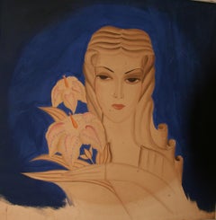 Lady In Blue Art Deco Female Painting