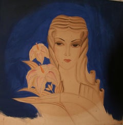 Lady in Blue Oil Pastel Painting, Art Deco Style, Framed, 1930s