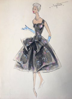 Vintage Lady in Cocktail Dress 1950's Parisian Fashion Illustration Sketch