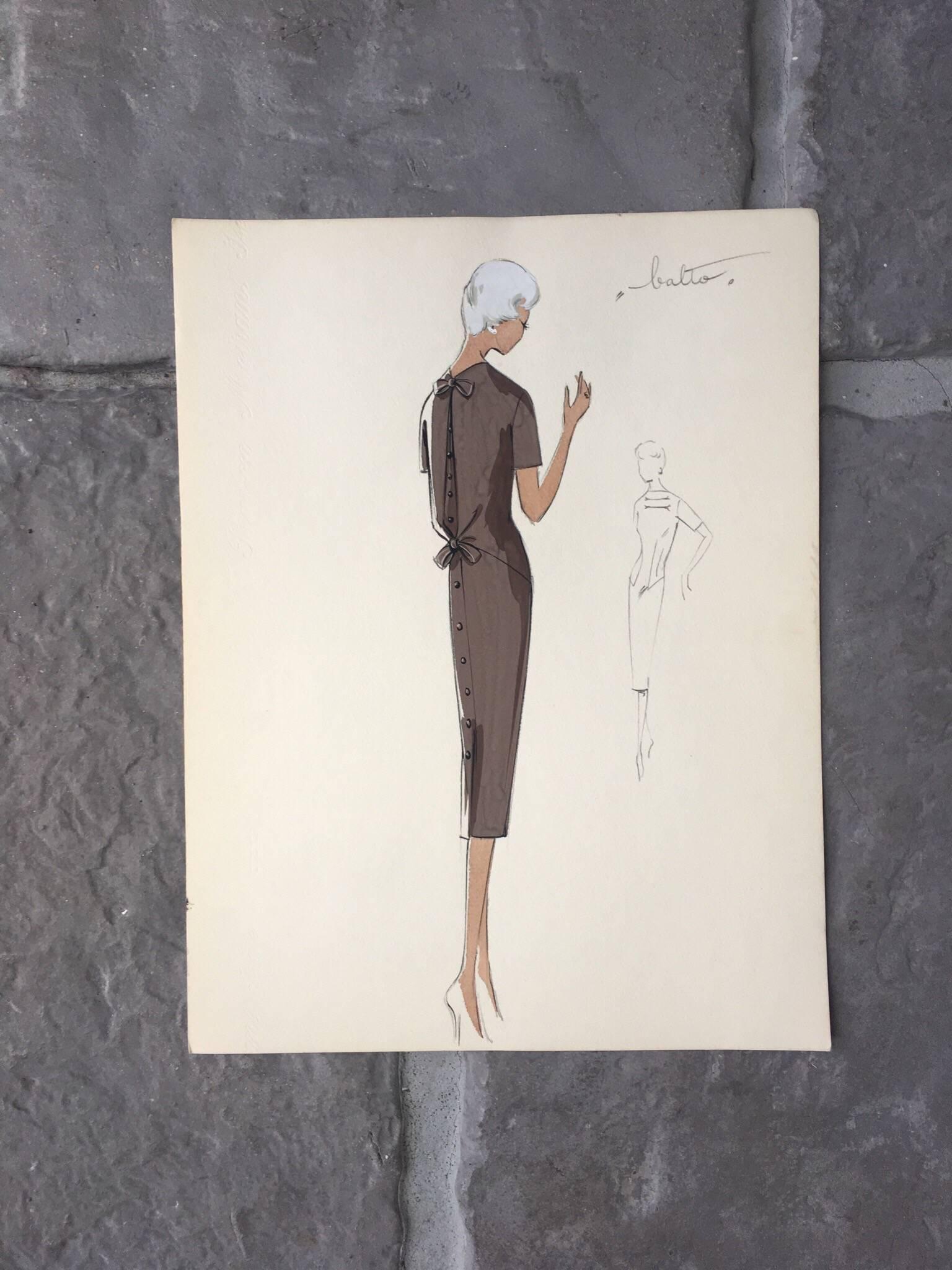 Lady in Elegant 1950's Dress Parisian Fashion Illustration Sketch - Painting by Unknown