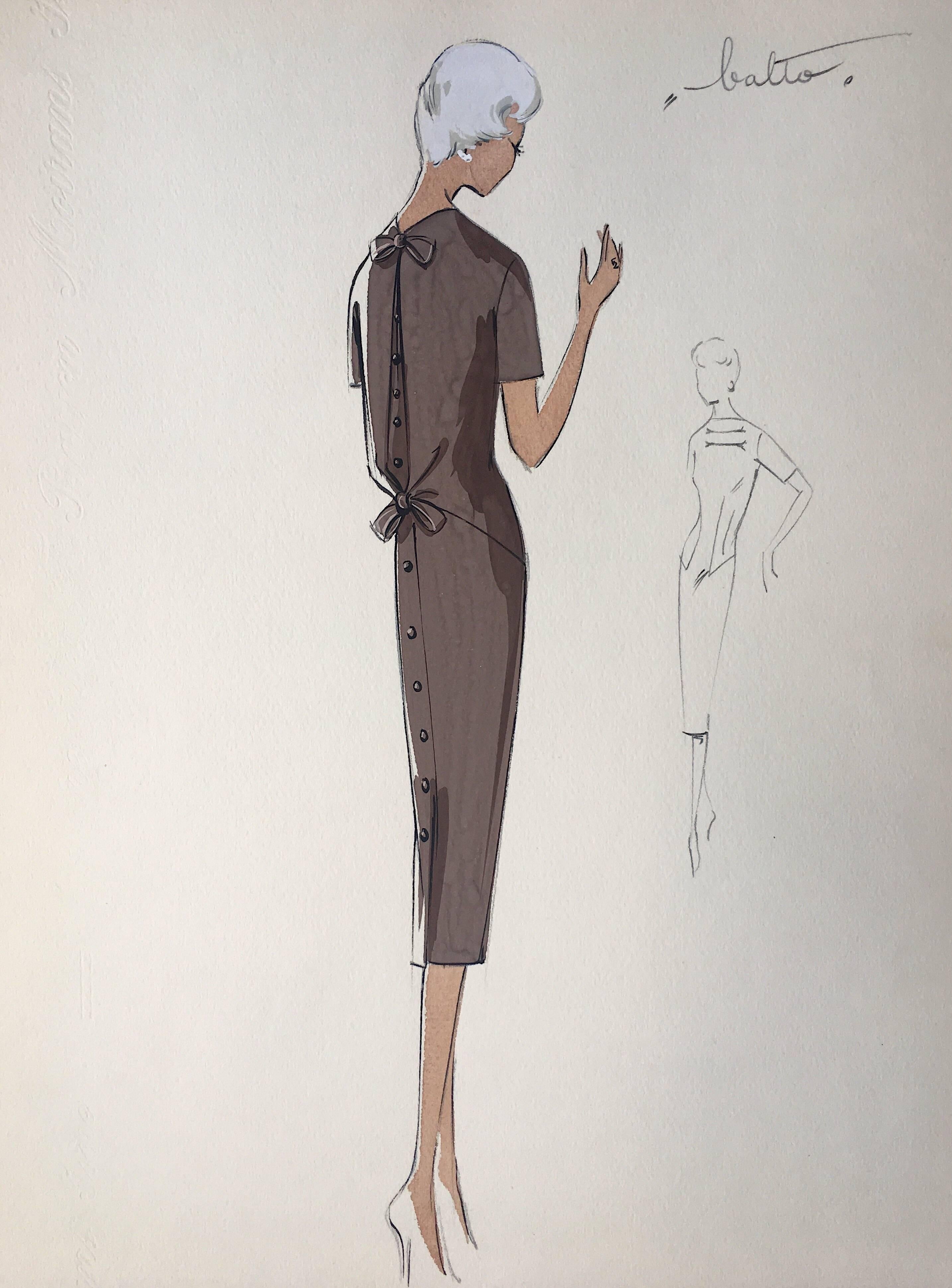 Unknown Portrait Painting - Lady in Elegant 1950's Dress Parisian Fashion Illustration Sketch