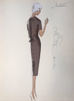 Lady in Elegant 1950's Dress Parisian Fashion Illustration Sketch