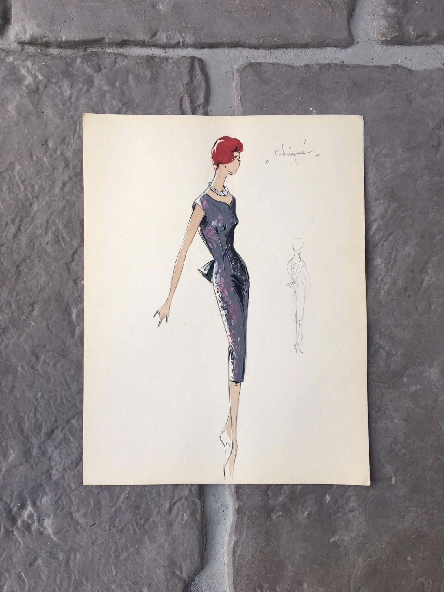 Lady in Elegant 1950's Floral Dress Parisian Fashion Illustration Sketch - Painting by Unknown
