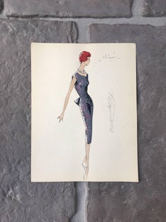Lady in Elegant 1950's Floral Dress Parisian Fashion Illustration Sketch