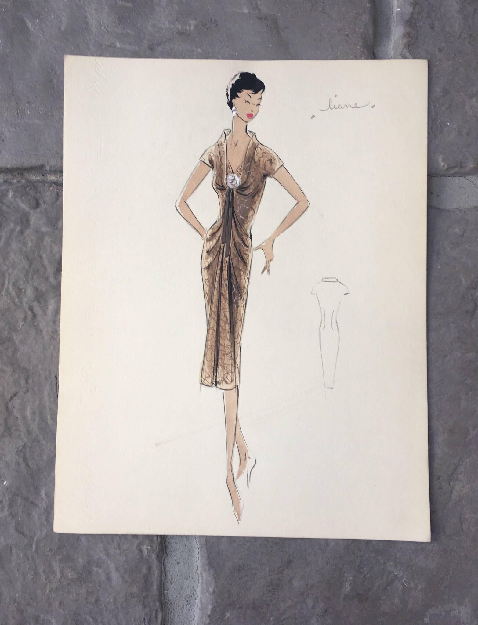 Lady in Elegant 1950's Formal Dress Parisian Fashion Illustration Sketch - Painting by Unknown