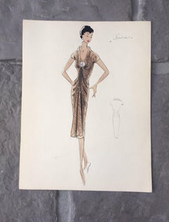 Lady in Elegant 1950's Formal Dress Parisian Fashion Illustration Sketch