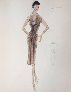 Lady in Elegant 1950's Formal Dress Parisian Fashion Illustration Sketch