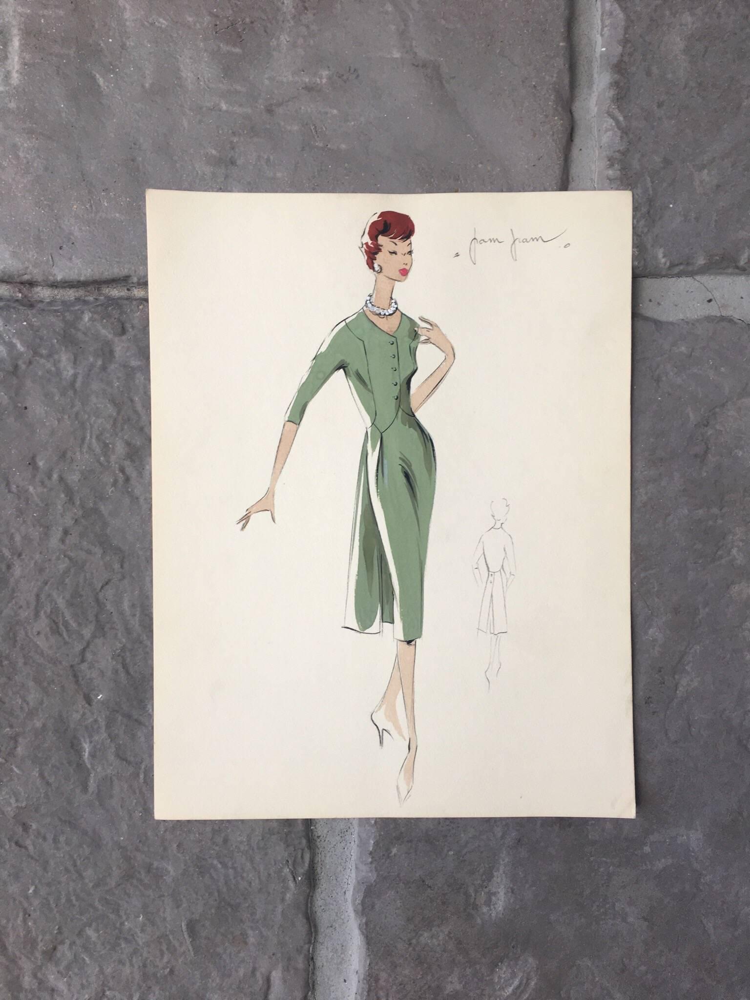 Lady in Elegant 1950's Green Dress Parisian Fashion Illustration Sketch - Painting by Unknown