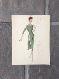 Lady in Elegant 1950's Green Dress Parisian Fashion Illustration Sketch