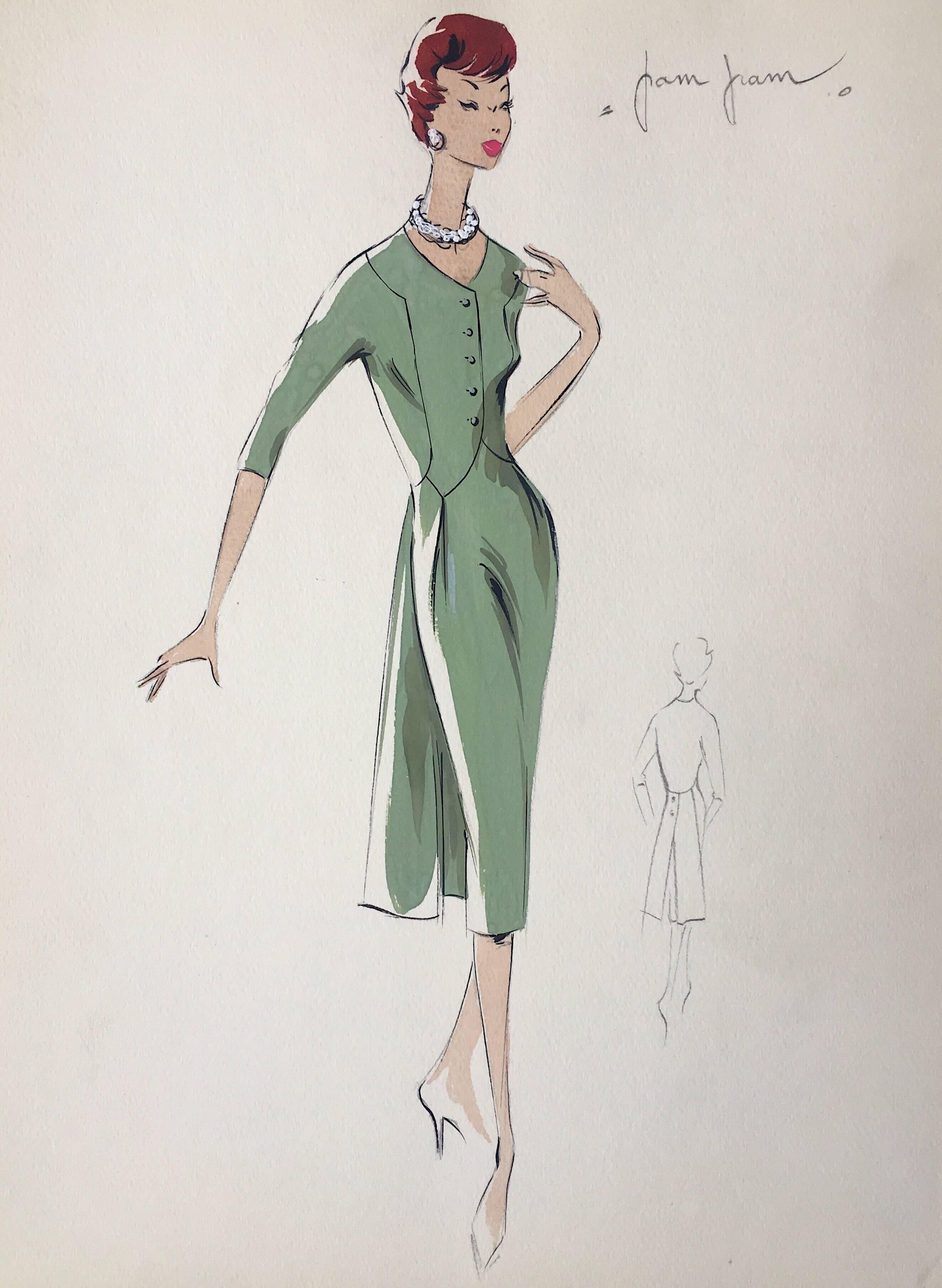 Unknown Portrait Painting - Lady in Elegant 1950's Green Dress Parisian Fashion Illustration Sketch