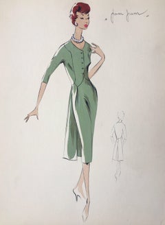 Lady in Elegant 1950's Green Dress Parisian Fashion Illustration Sketch