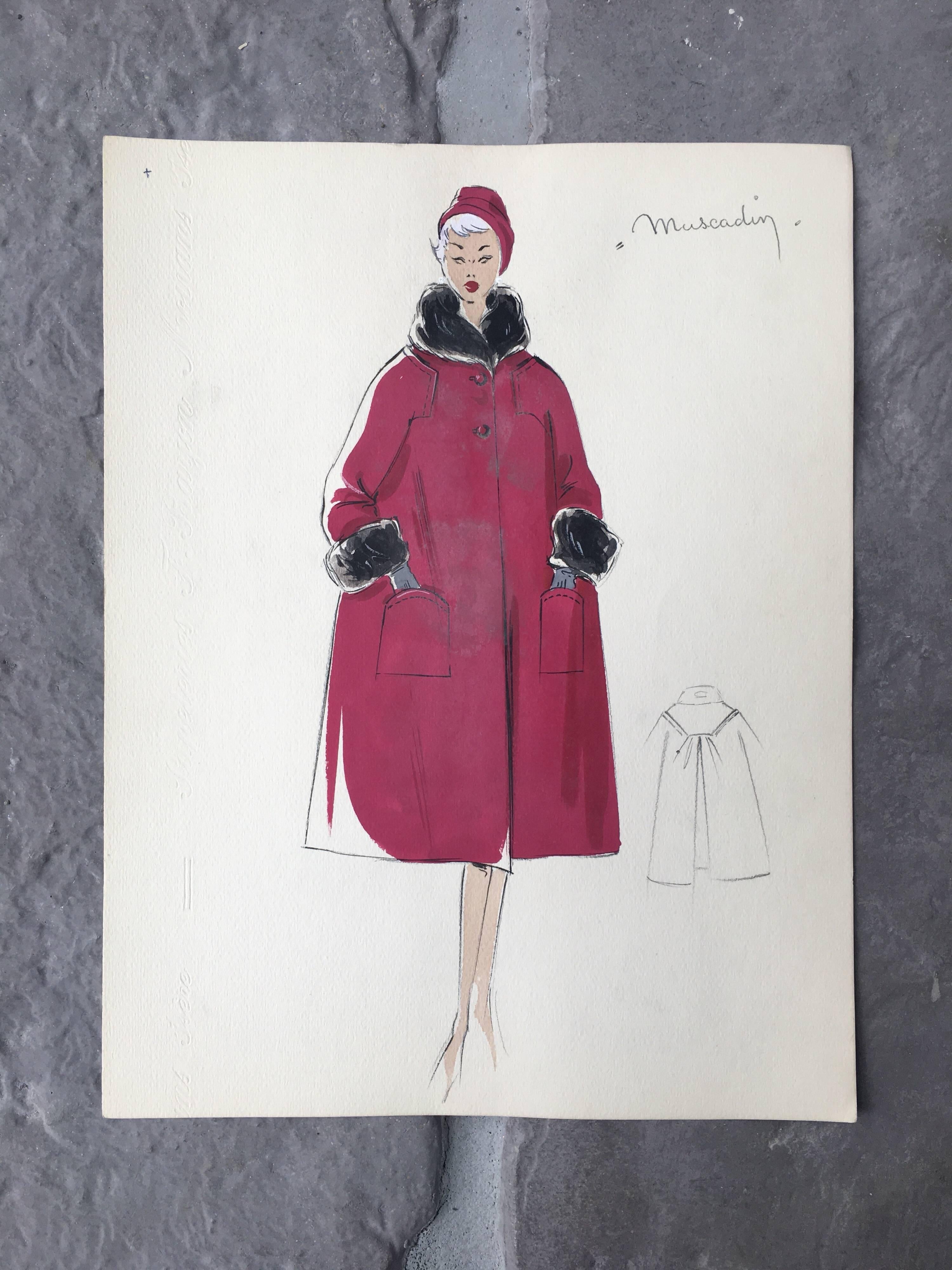 Lady in Elegant 1950's Red Coat Parisian Fashion Illustration Sketch - Art by Unknown