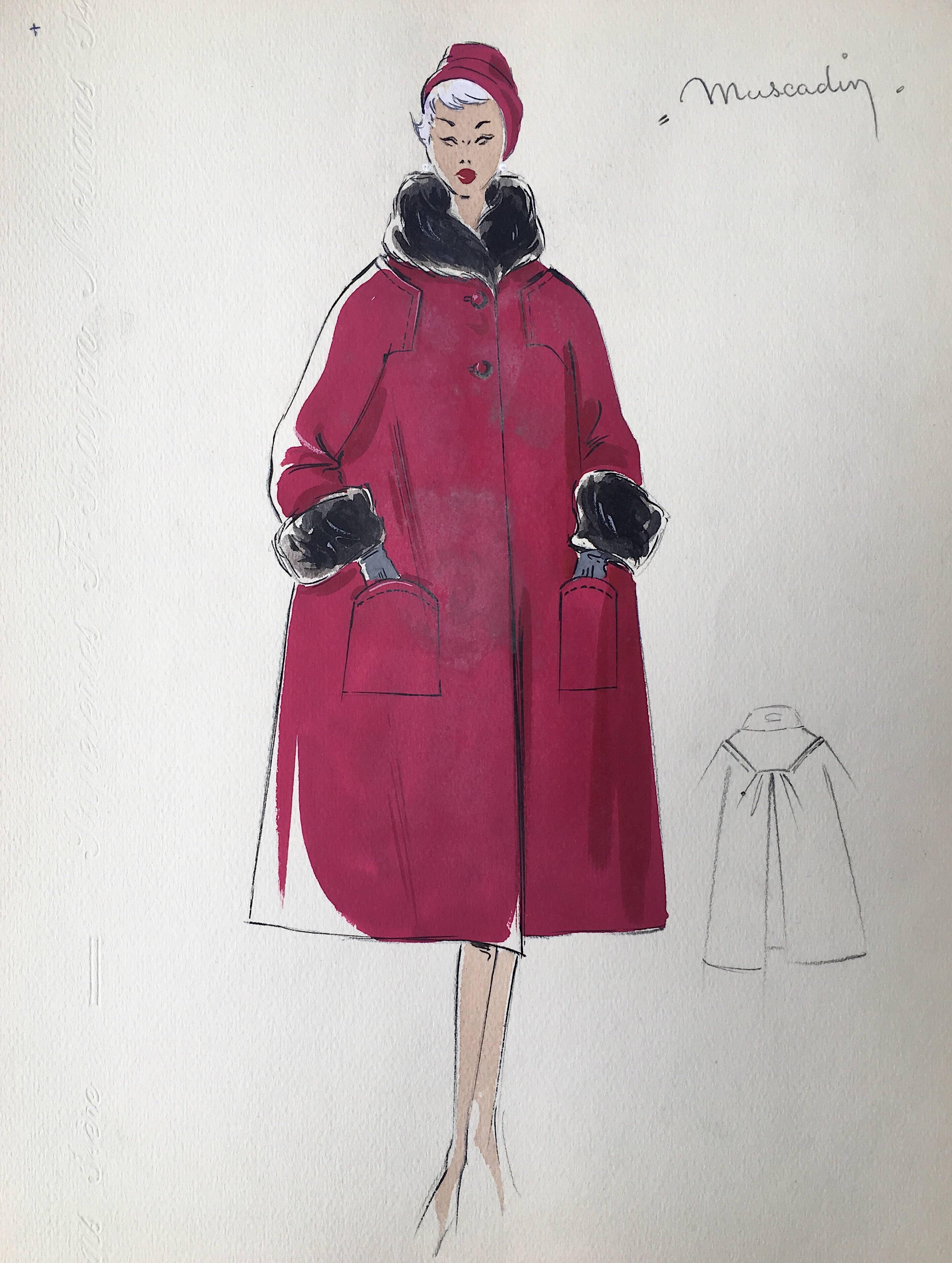 Unknown Portrait - Lady in Elegant 1950's Red Coat Parisian Fashion Illustration Sketch