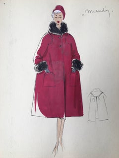 Lady in Elegant 1950's Red Coat Parisian Fashion Illustration Sketch