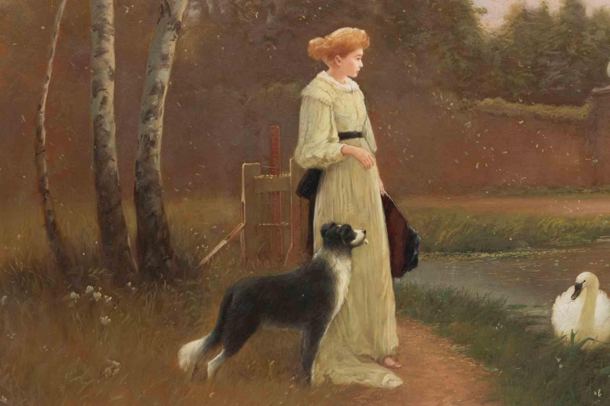Dame devant un lac avec des cygnes - Peinture - Fin du 19e siècle - Painting de Unknown
