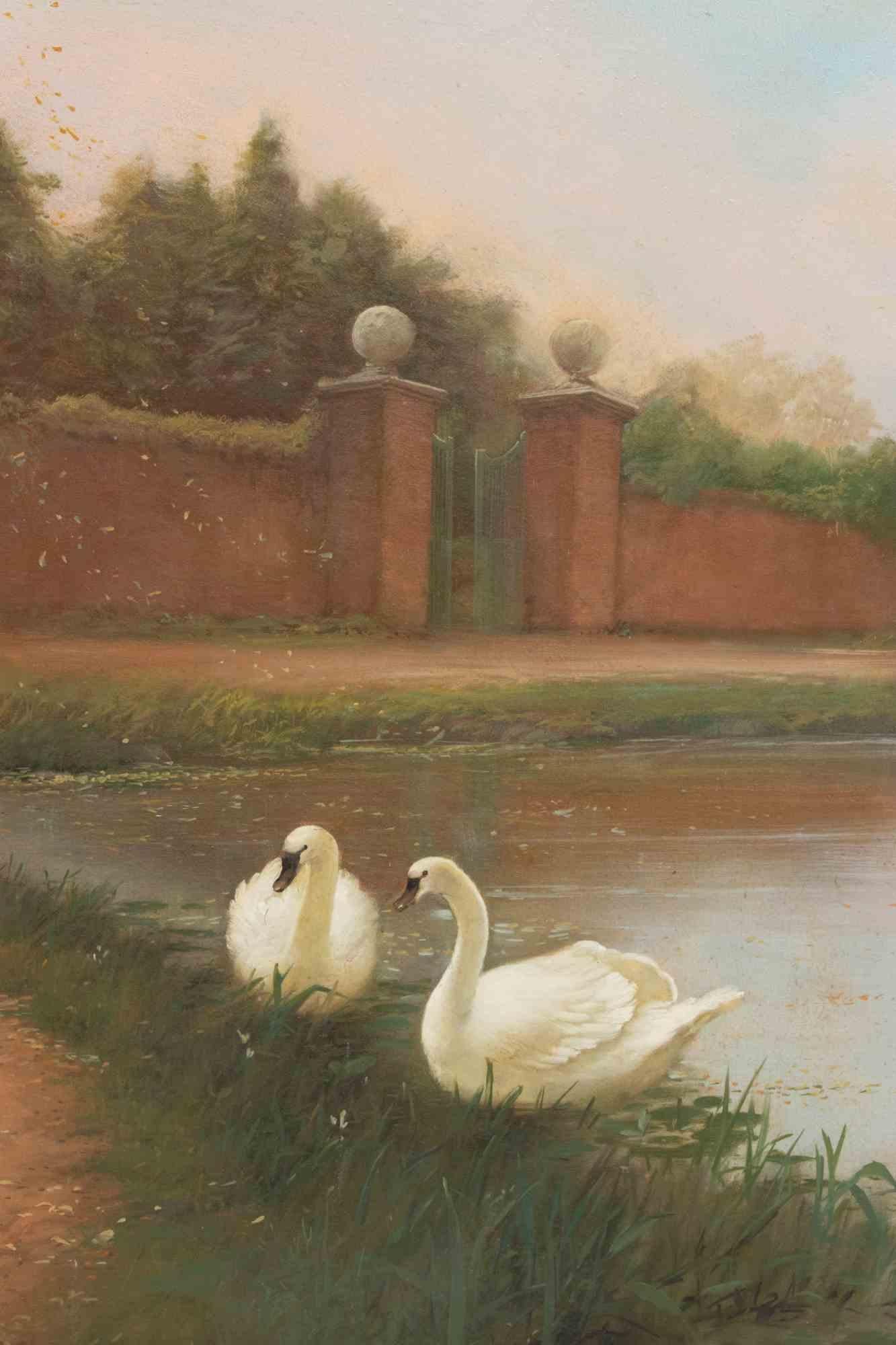 Dame devant un lac avec des cygnes - Peinture - Fin du 19e siècle - Moderne Painting par Unknown