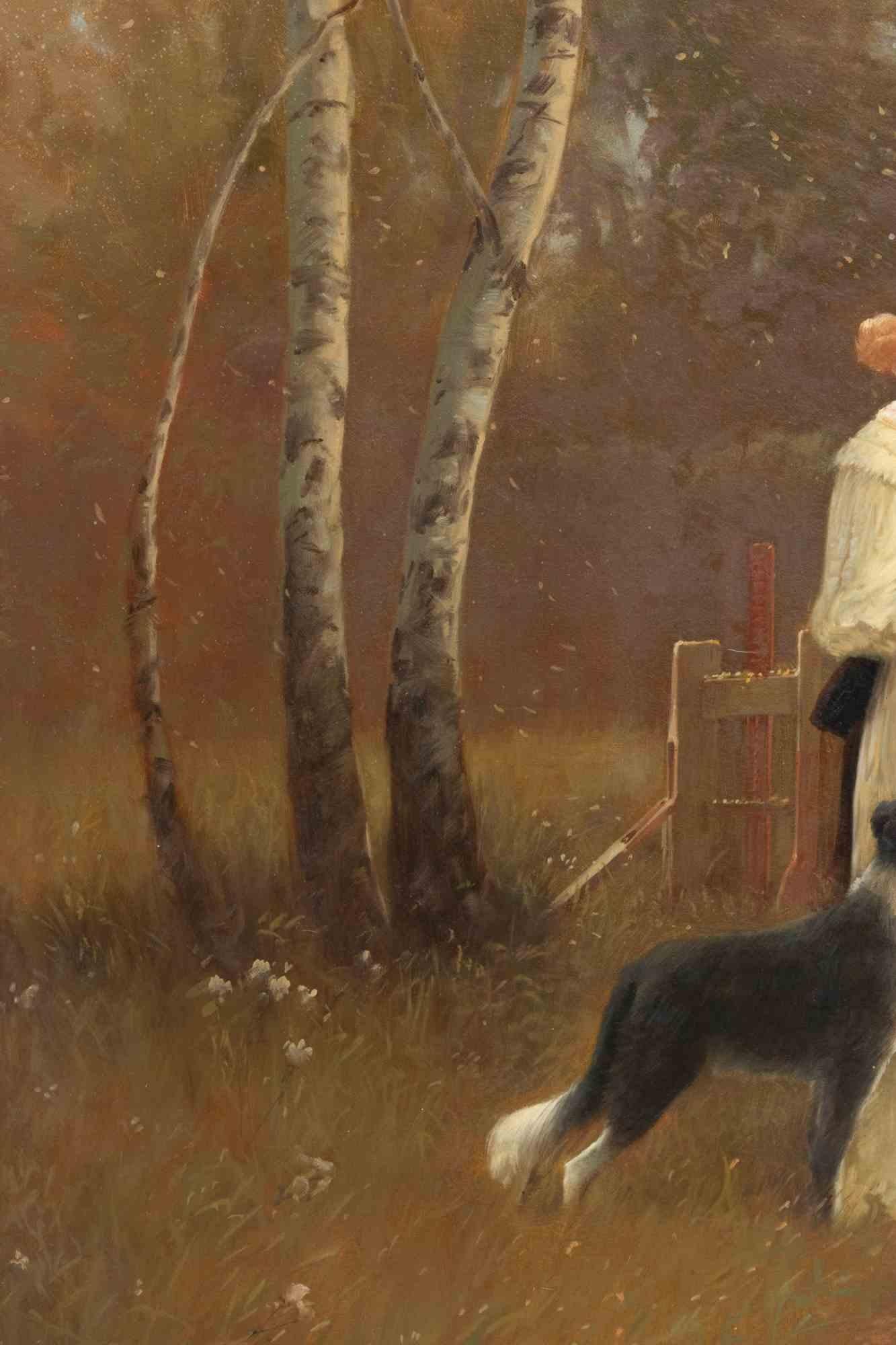 Huile sur toile réalisée par un artiste inconnu dans les dernières décennies du 19ème siècle.

Une vue fascinante d'une dame avec son chien dans un parc, regardant d'un air mélancolique un groupe de cygnes hors du lac.

Comprend un magnifique cadre