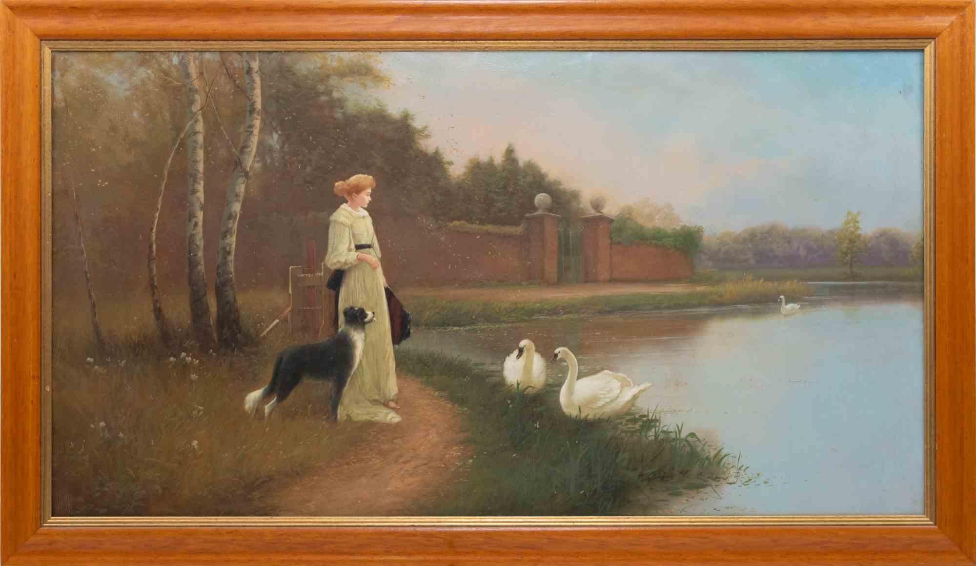 Lady in front of a Lake with Swans - Painting - Late 19th Century