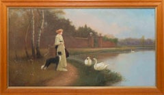 Lady in front of a Lake with Swans - Painting - Late 19th Century