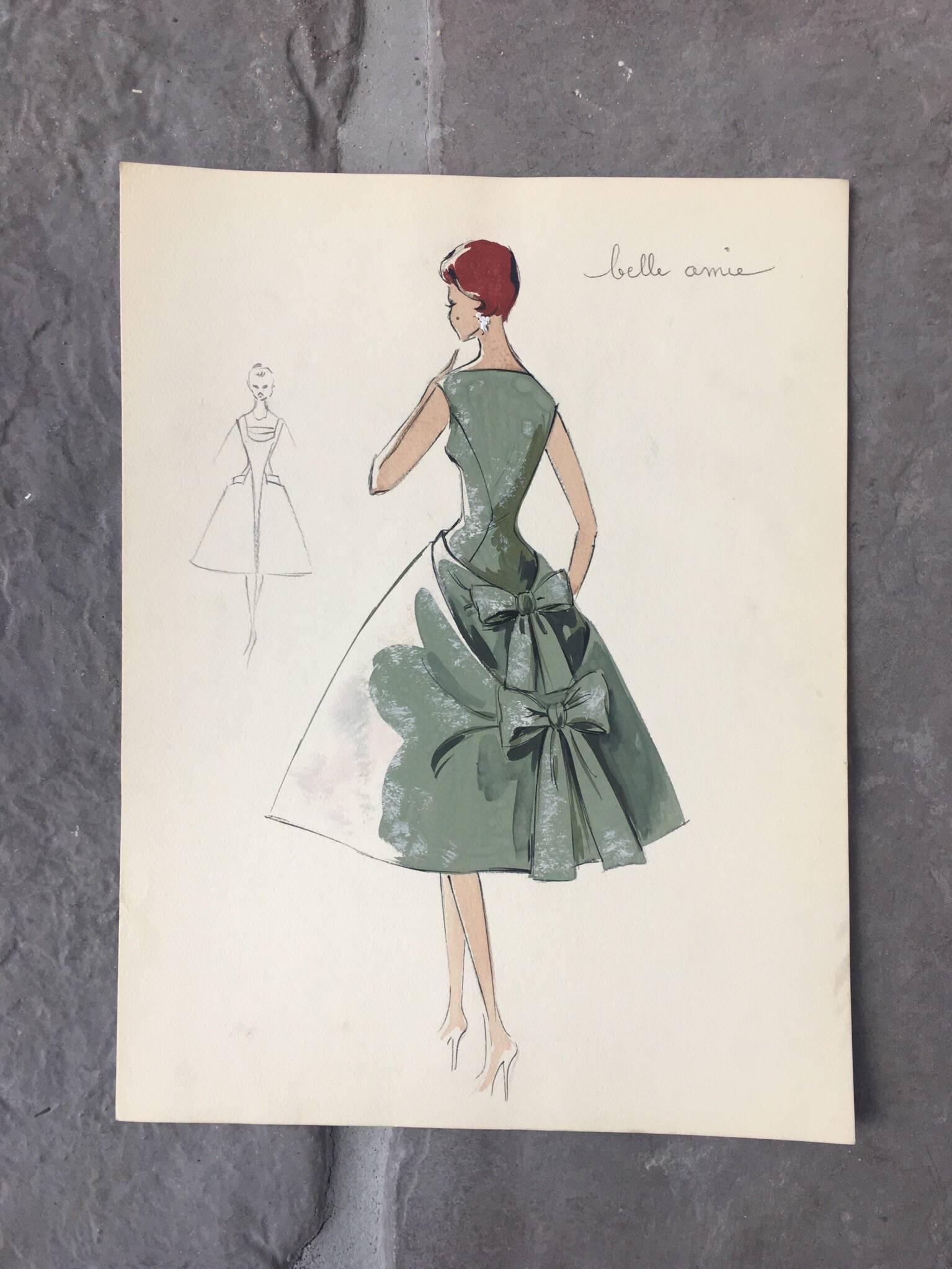 Lady in Green Cocktail Dress 1950's Parisian Fashion Illustration Sketch - Painting by Unknown