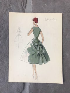 Lady in Green Cocktail Dress 1950's Parisian Fashion Illustration Sketch