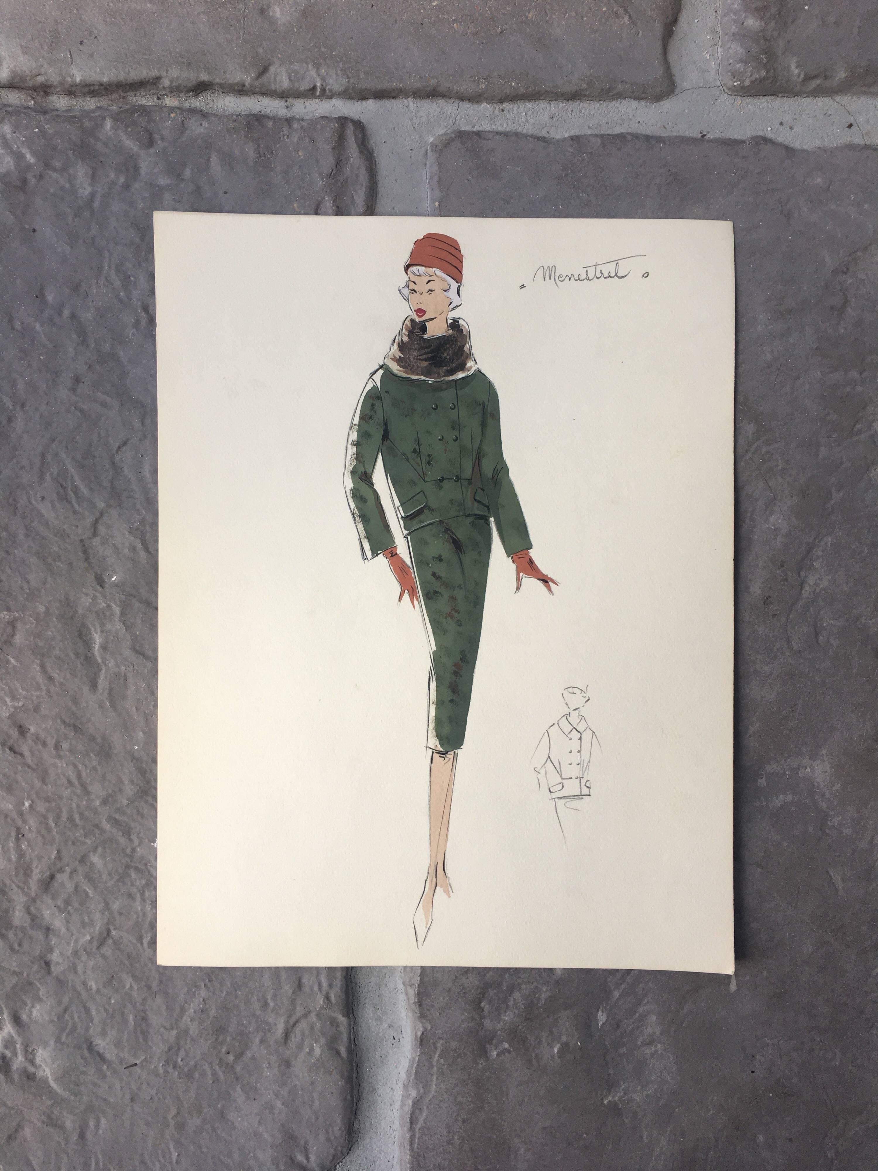Lady in Green Two Piece Set 1950's Parisian Fashion Illustration Sketch - Painting by Unknown
