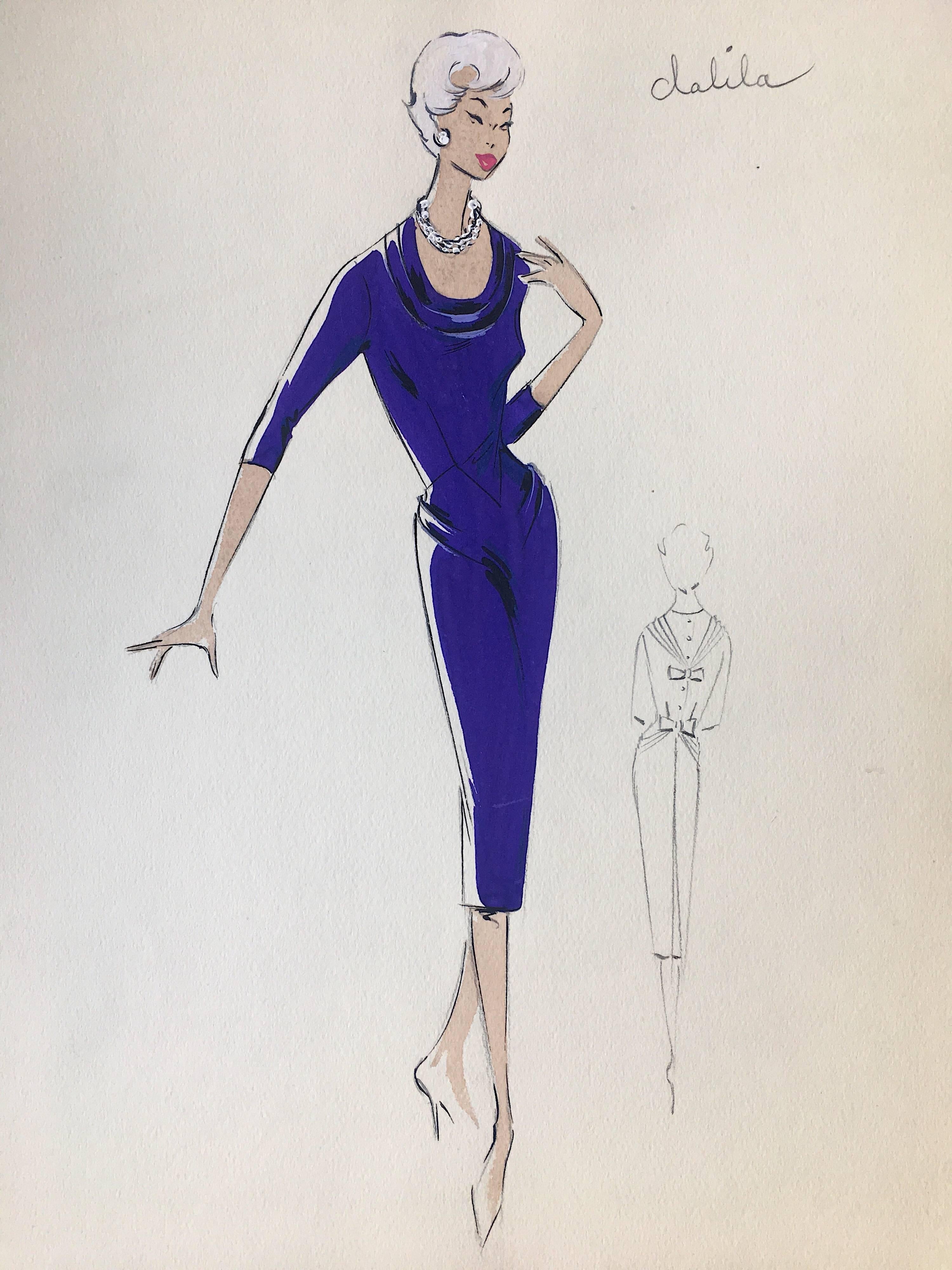 Unknown Portrait - Lady in Purple Cocktail Dress 1950's Parisian Fashion Illustration Sketch