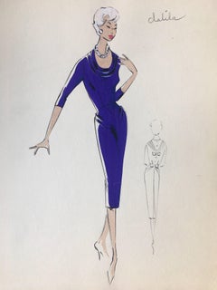 Vintage Lady in Purple Cocktail Dress 1950's Parisian Fashion Illustration Sketch