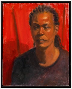 Lady in Purple - Huile contemporaine encadrée, The Purple T-shirt