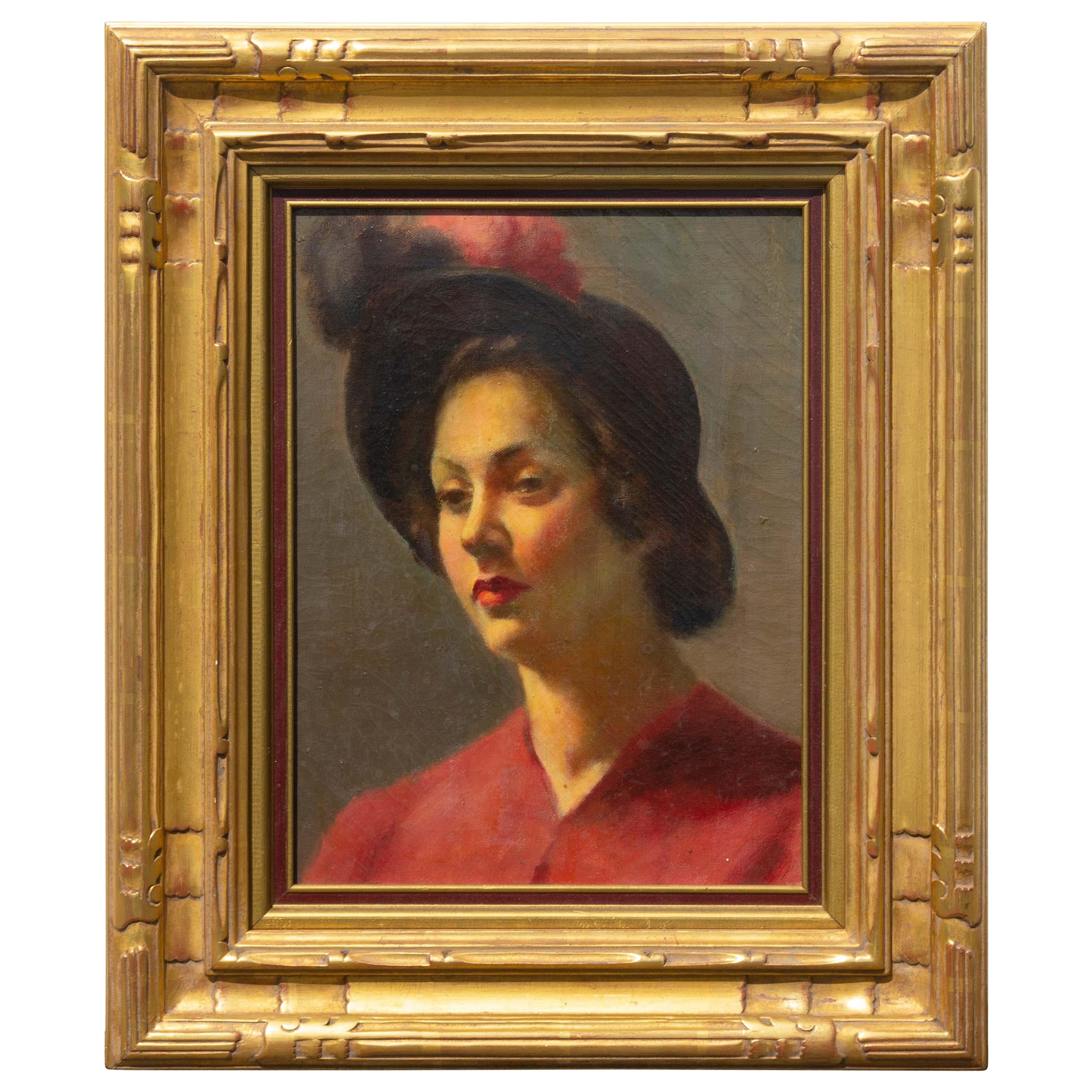 Gerahmtes Ölporträt „Lady in Red“ um 1950