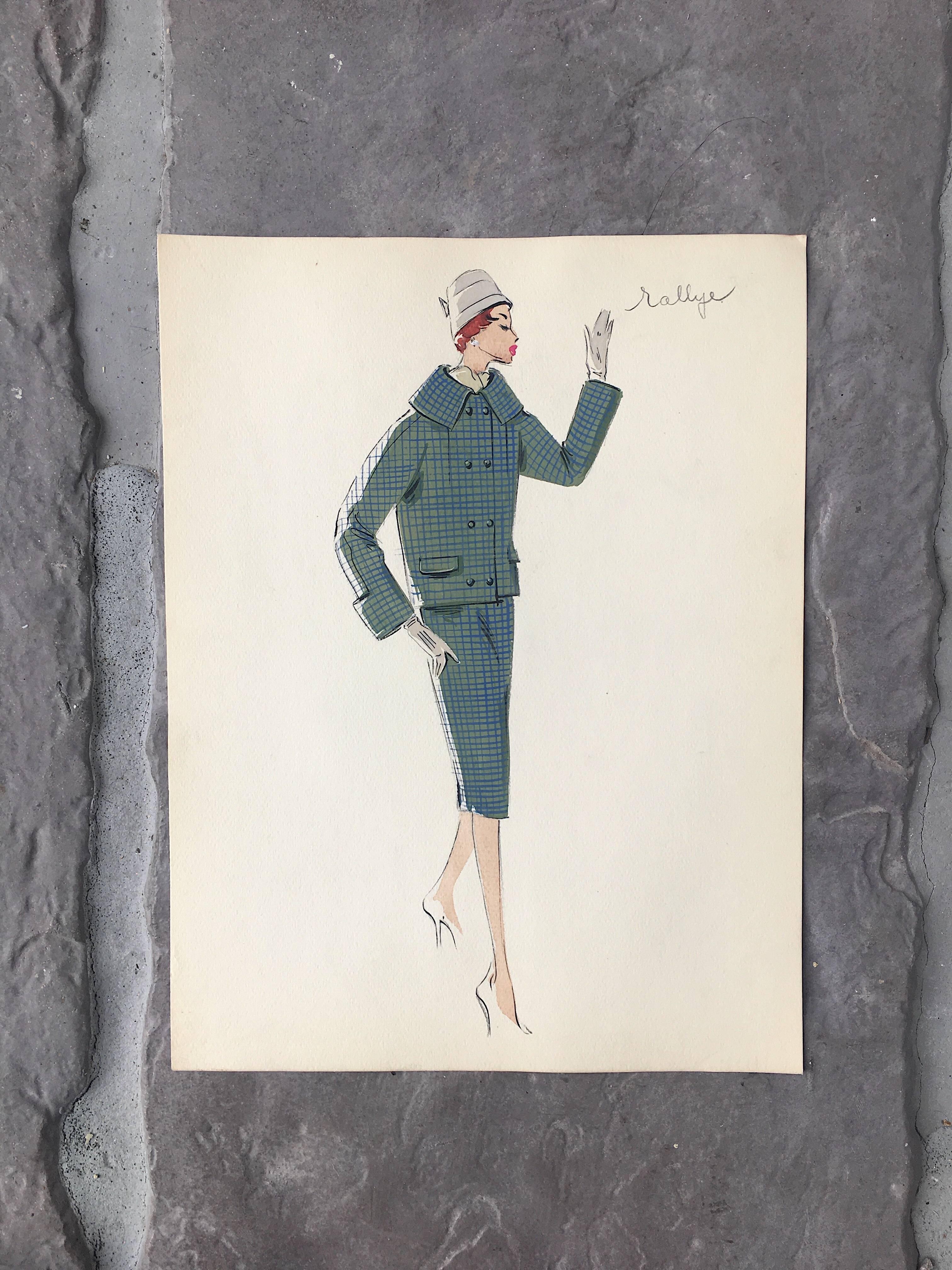 Lady in Teal Two Piece 1950's Parisian Fashion Illustration Sketch - Art by Unknown