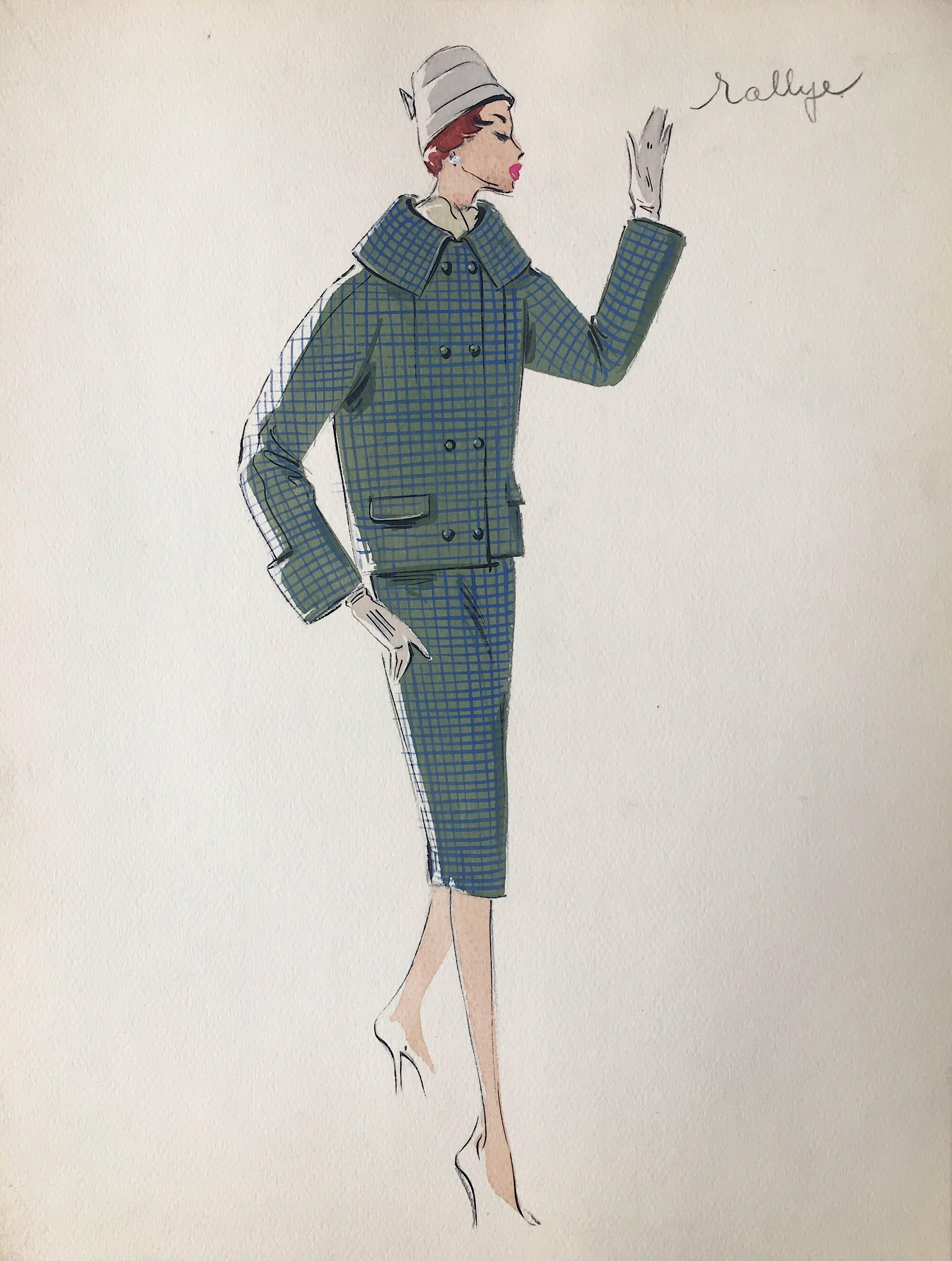 Unknown Portrait - Lady in Teal Two Piece 1950's Parisian Fashion Illustration Sketch