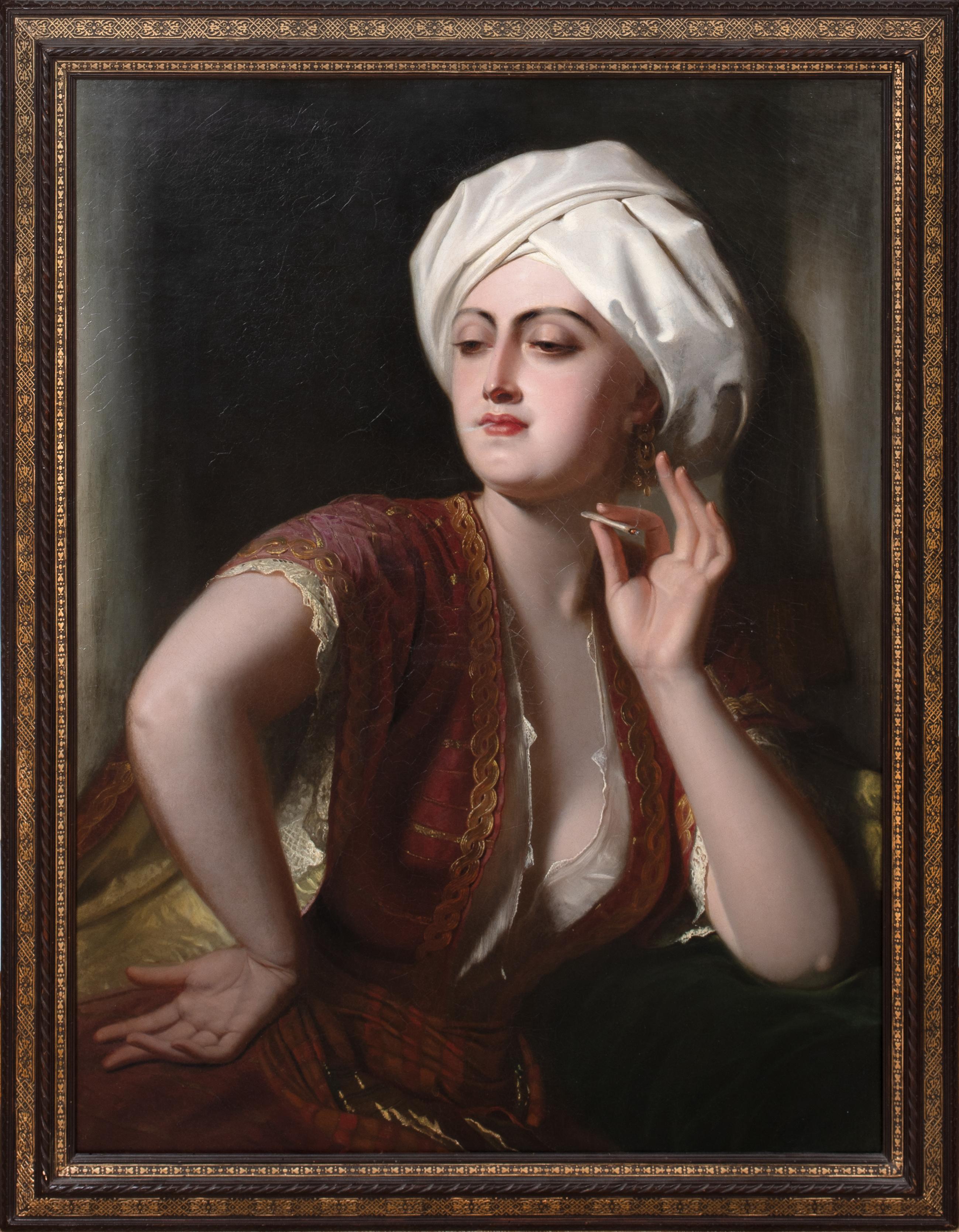 Unknown Portrait Painting - Lady Wearing a Turban Smoking, 19th Century by PHILIP VILLAMIL OF JAMAICA