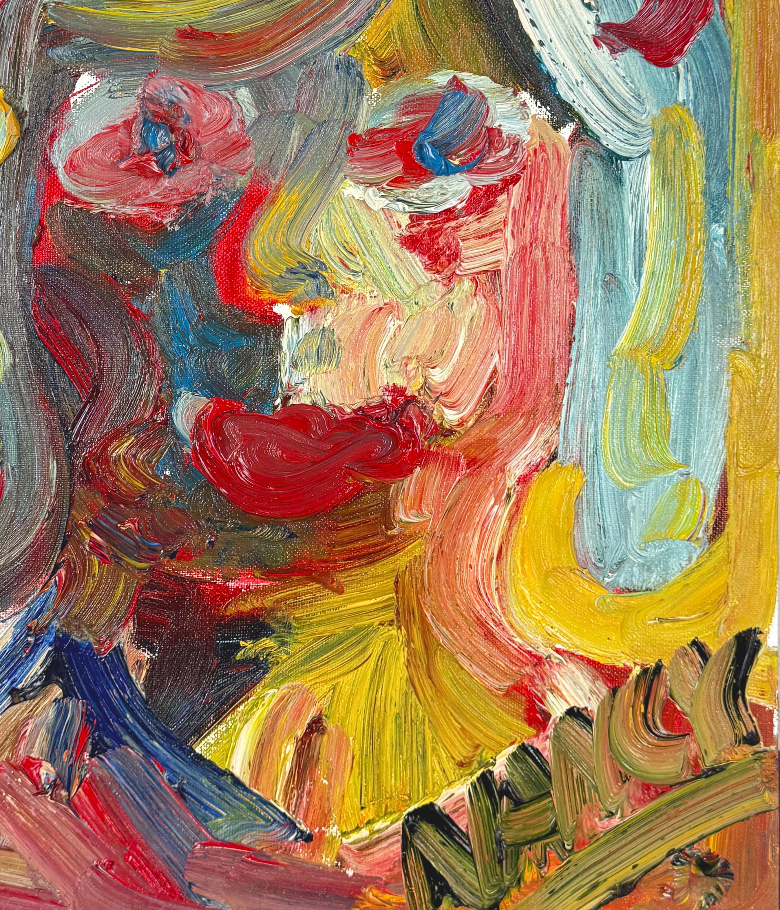 Lady with a Hat Abstract Expressionist Heavy Impasto Figurative Original Oil 
Abstract Expressionist painting of a close-up, expressive portrait of a woman by an unknow artist, rendered in thick, bold strokes of vibrant oil paint. The color palette