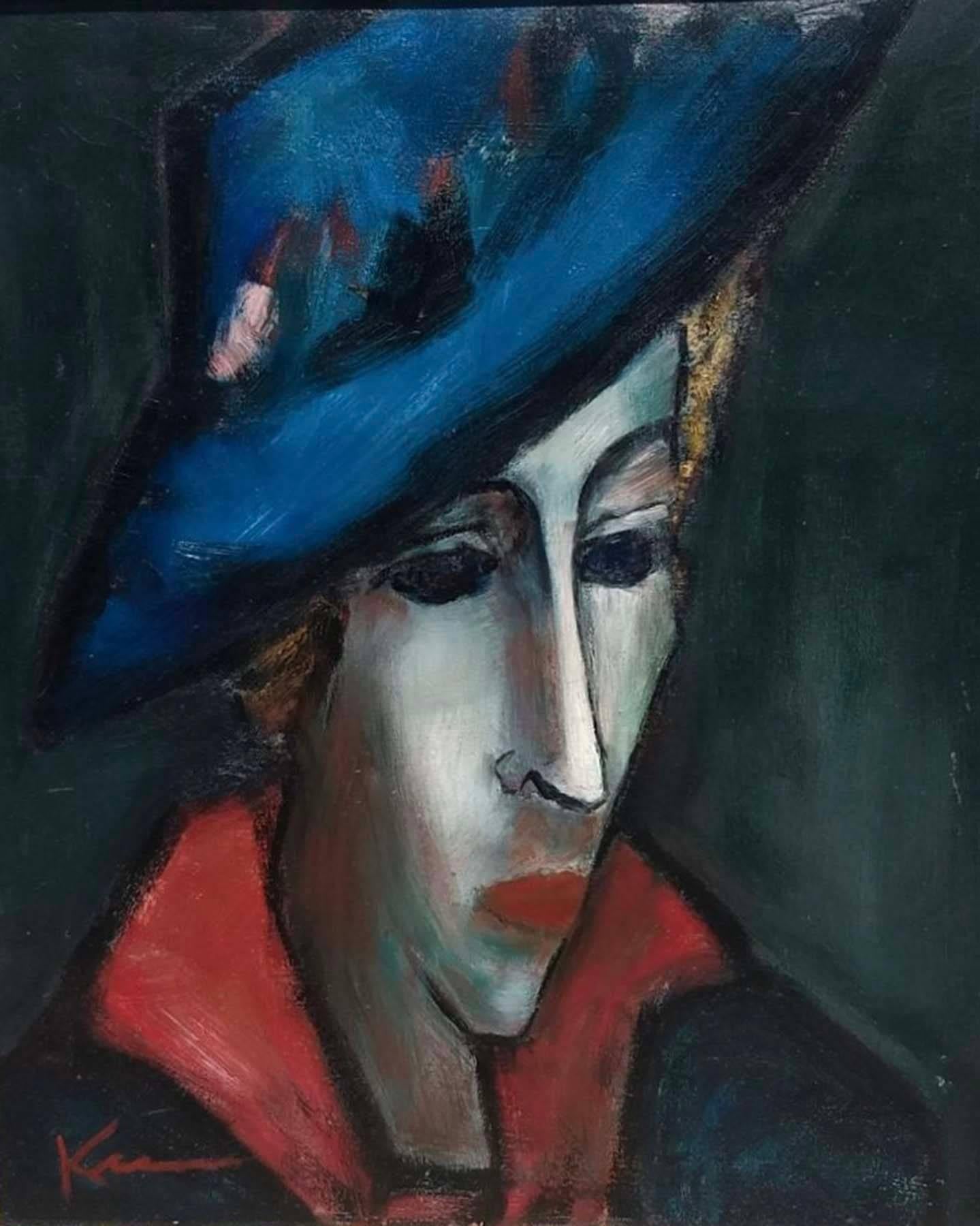 LADY WITH BLUE HAT - Painting by Unknown