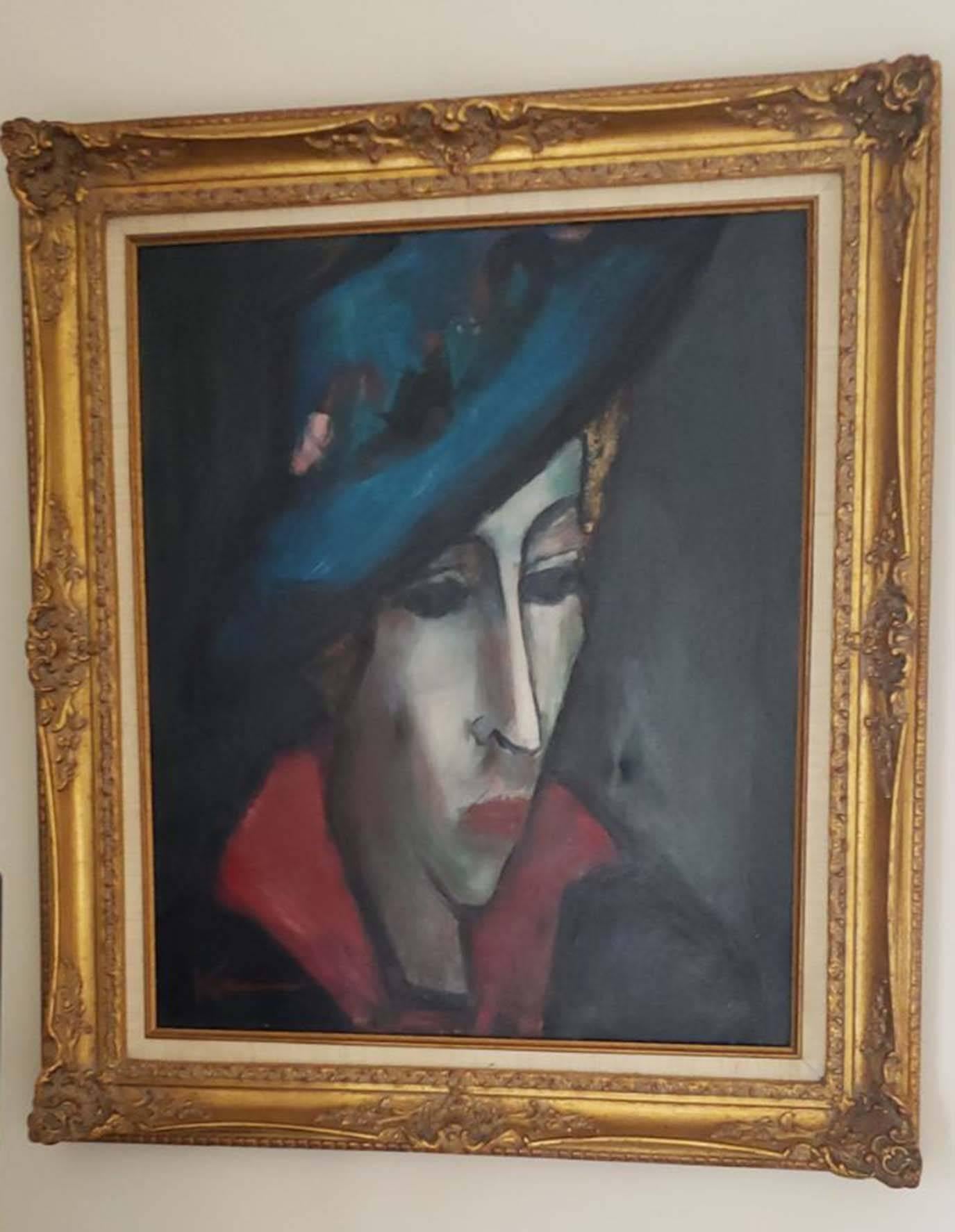 Unknown Portrait Painting - LADY WITH BLUE HAT