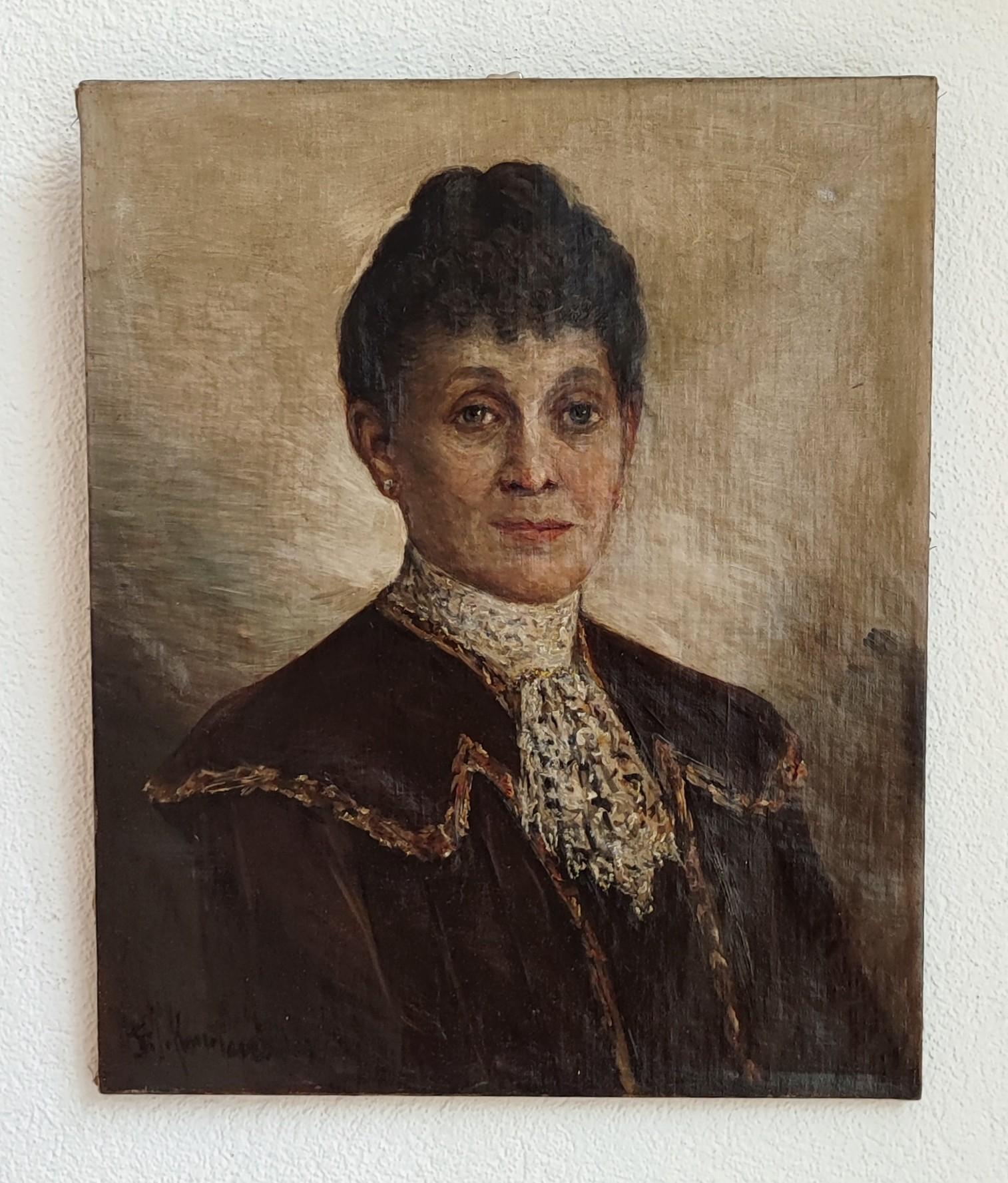 Lady with bun and lace scarf - Painting by Unknown