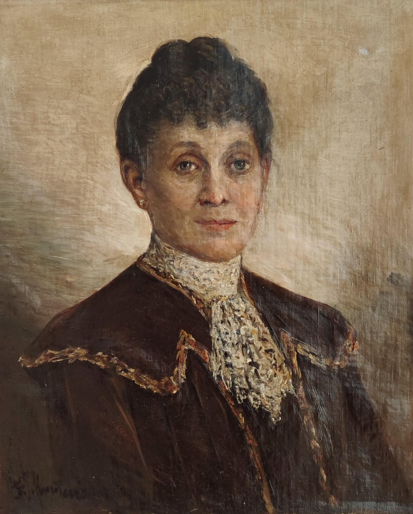 Unknown Portrait Painting - Lady with bun and lace scarf