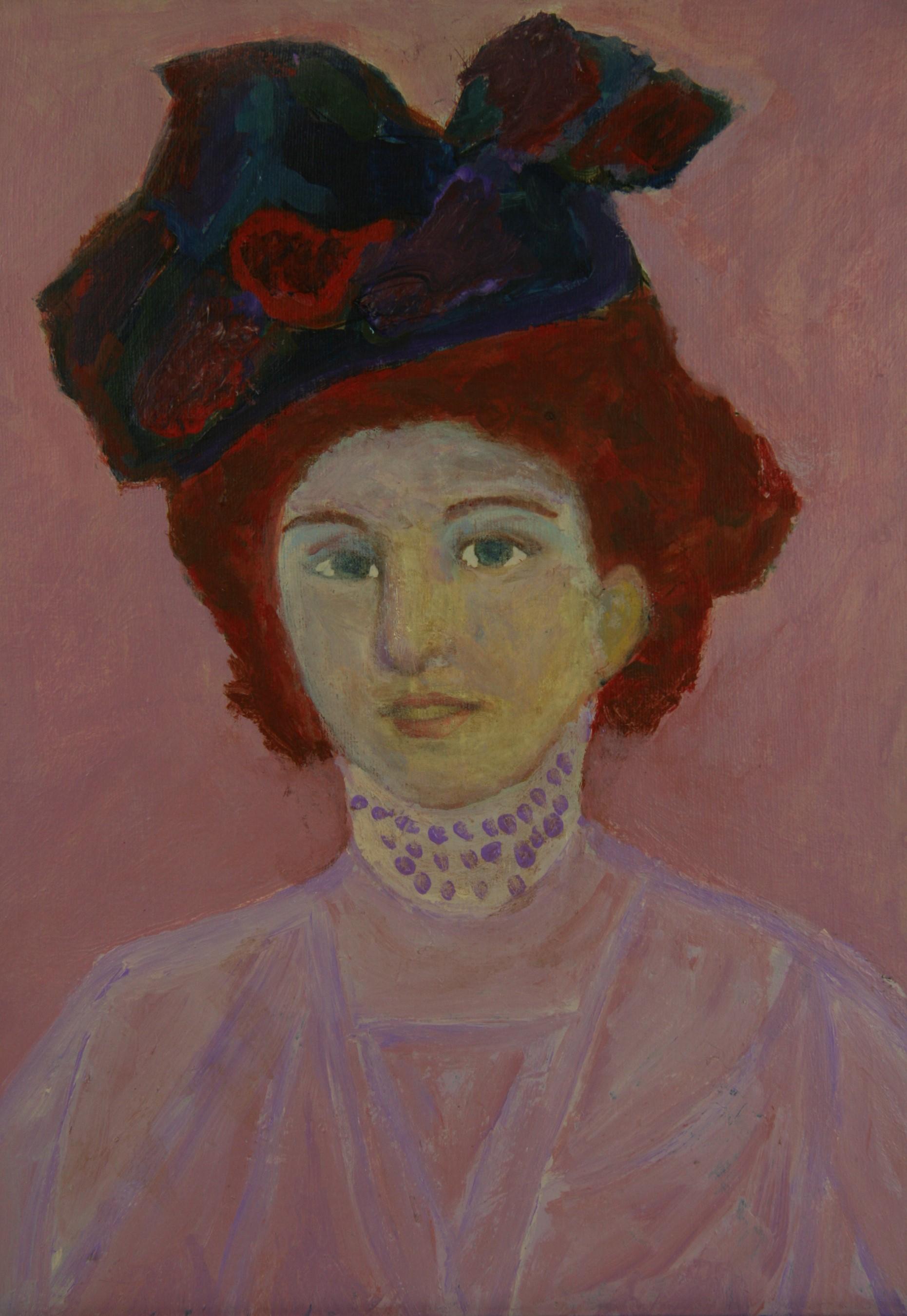 Impressionist Lady With Colorful Hat Figurative  - Painting by Unknown