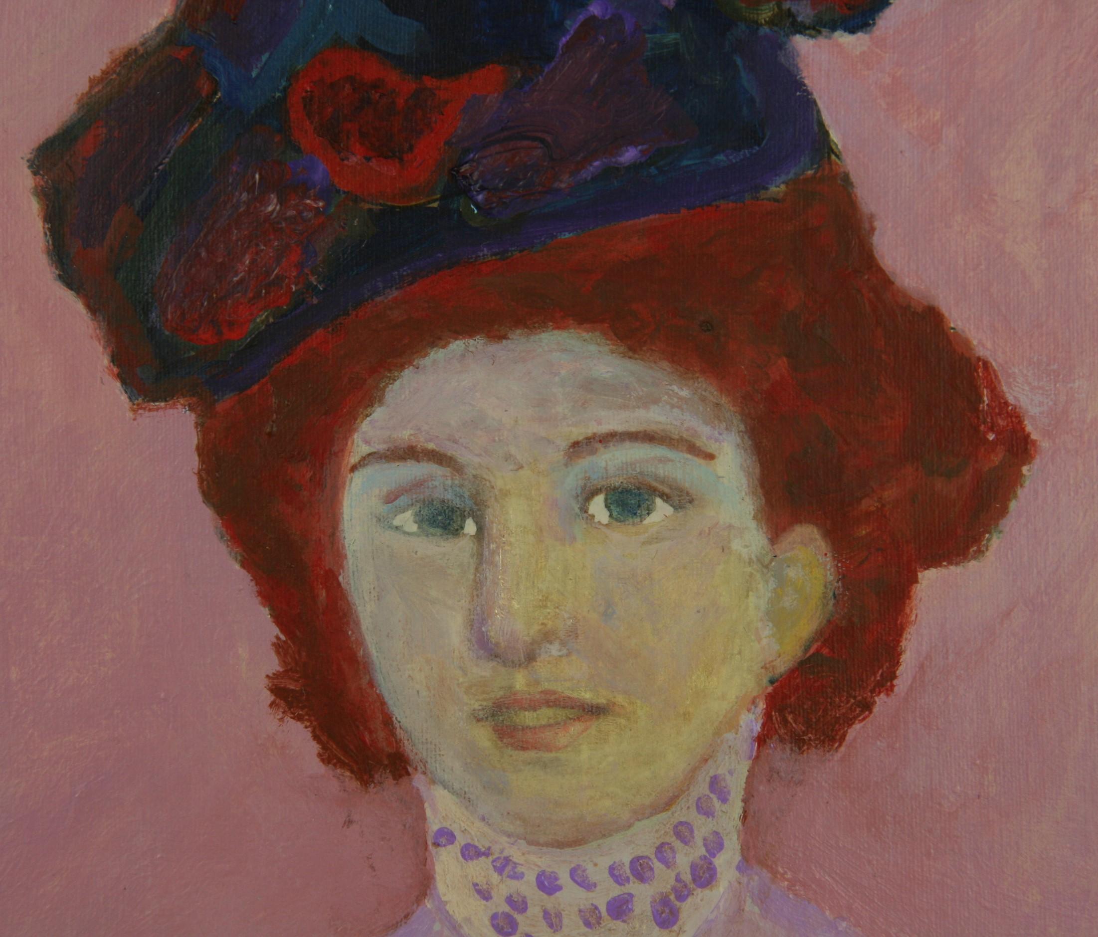 Impressionist Lady With Colorful Hat Figurative  - Brown Portrait Painting by Unknown