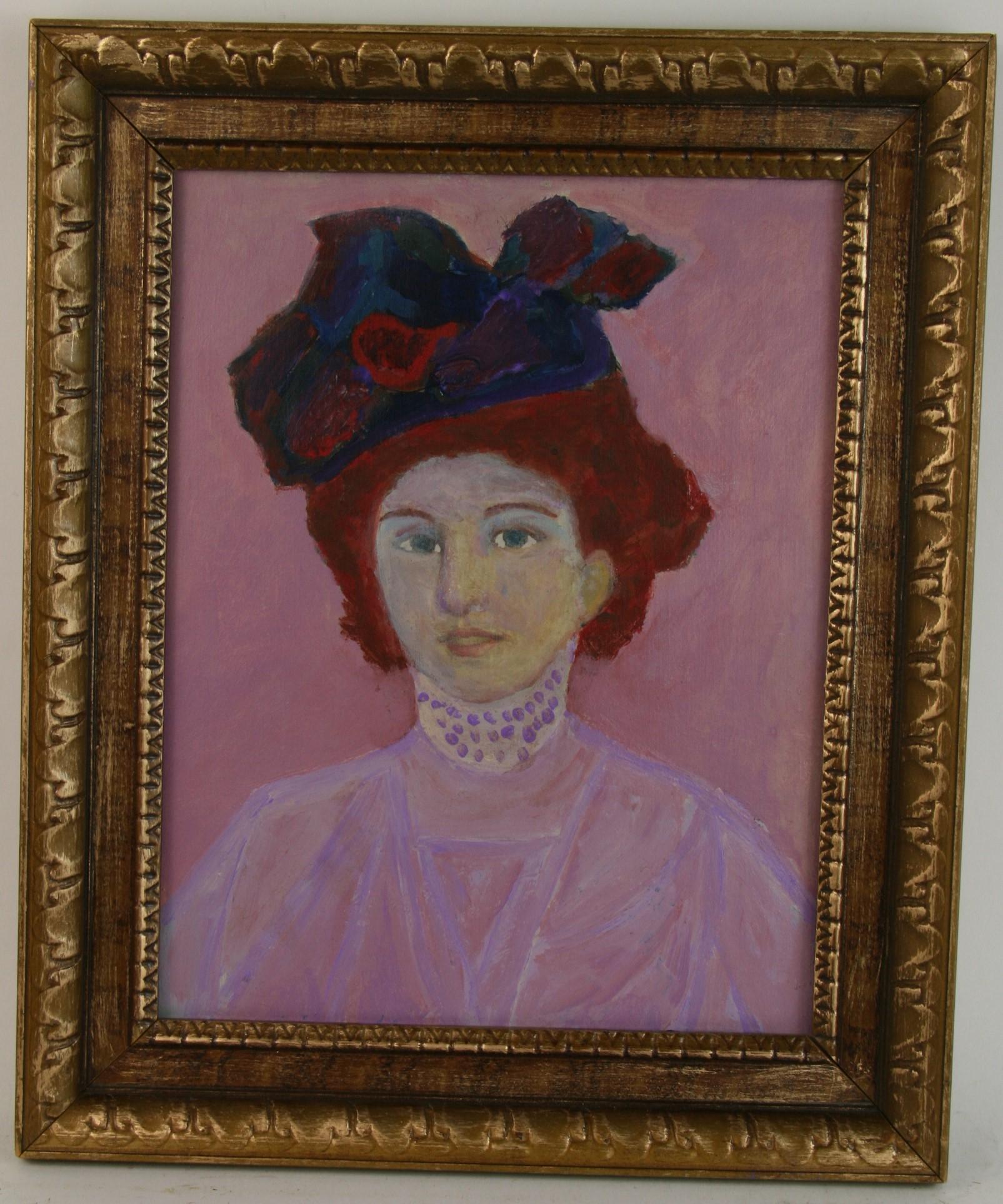 Unknown Portrait Painting - Impressionist Lady With Colorful Hat Figurative 