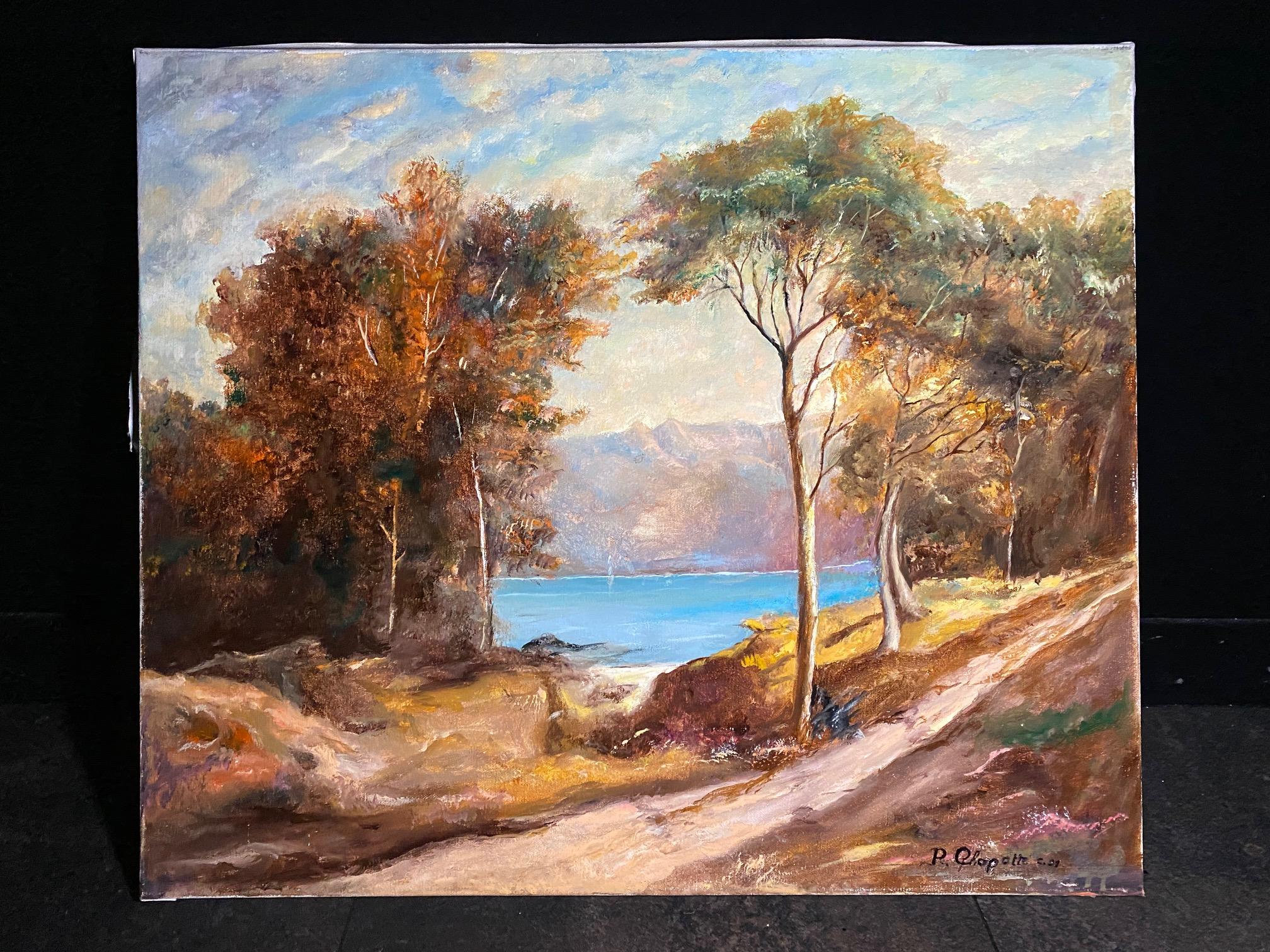 Lake and mountain landscape (1991) - Öl auf Leinwand 44x52 cm – Painting von Unknown