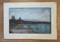 Mid-20th Century Framed Oil Painting of Lake Landscape, Geneva
