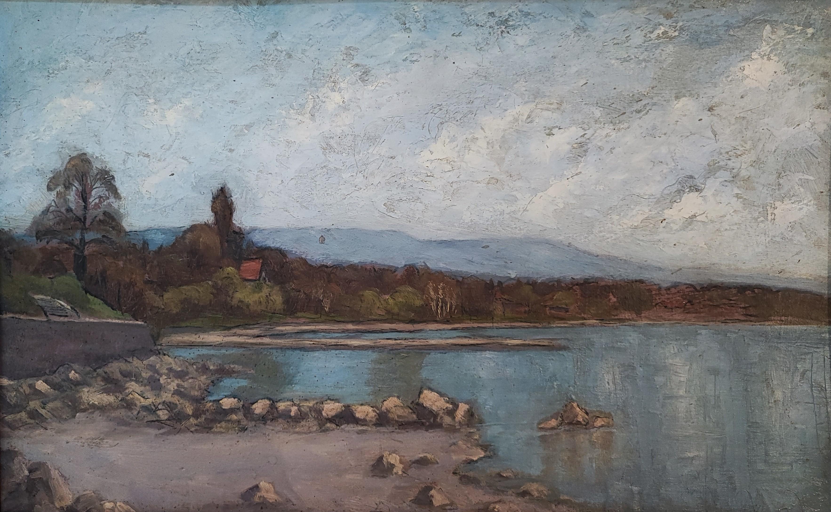 Landscape Painting di Unknown - Paesaggio del lago, Ginevra