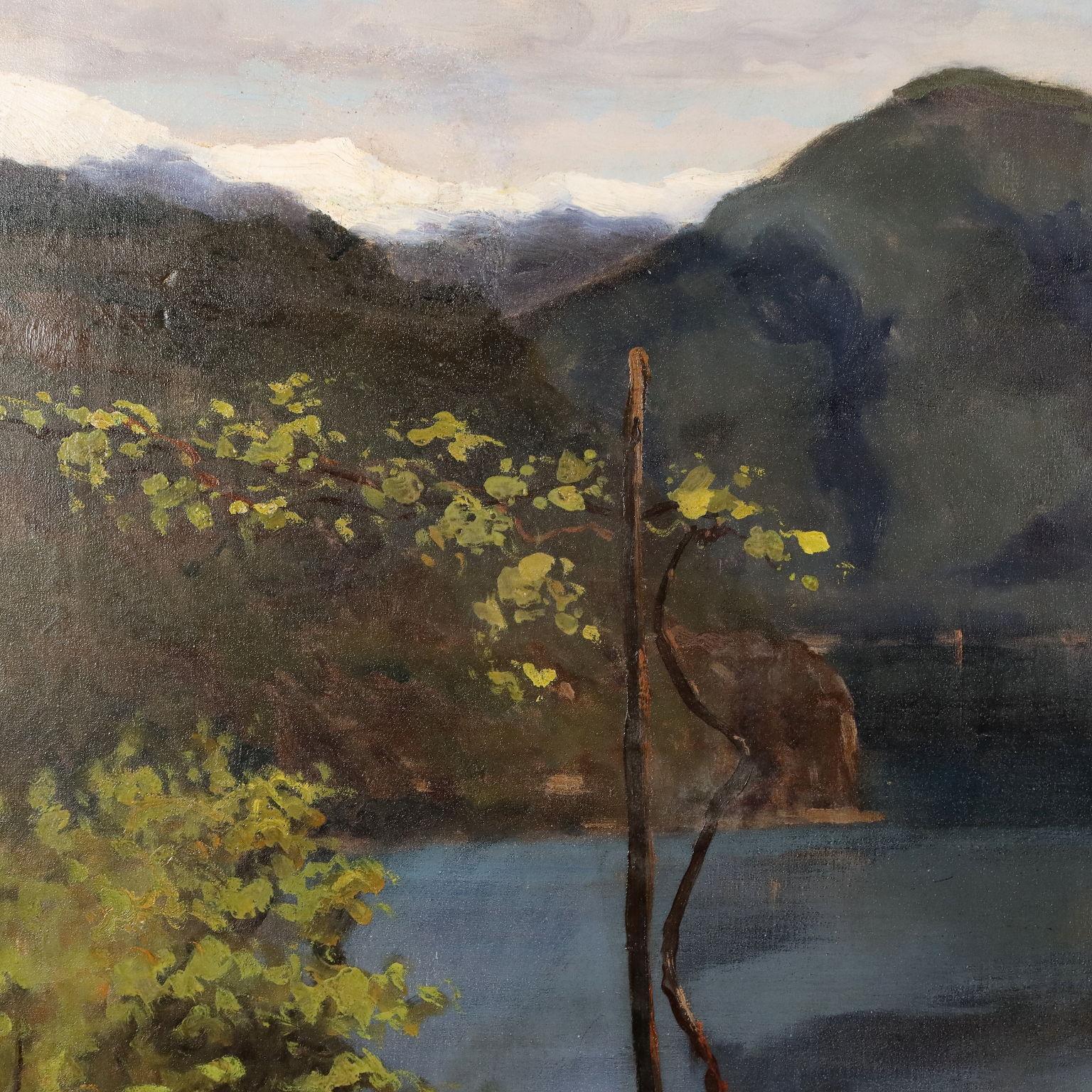 Lake Landscape Oil on Canvas Italy XX Century 1