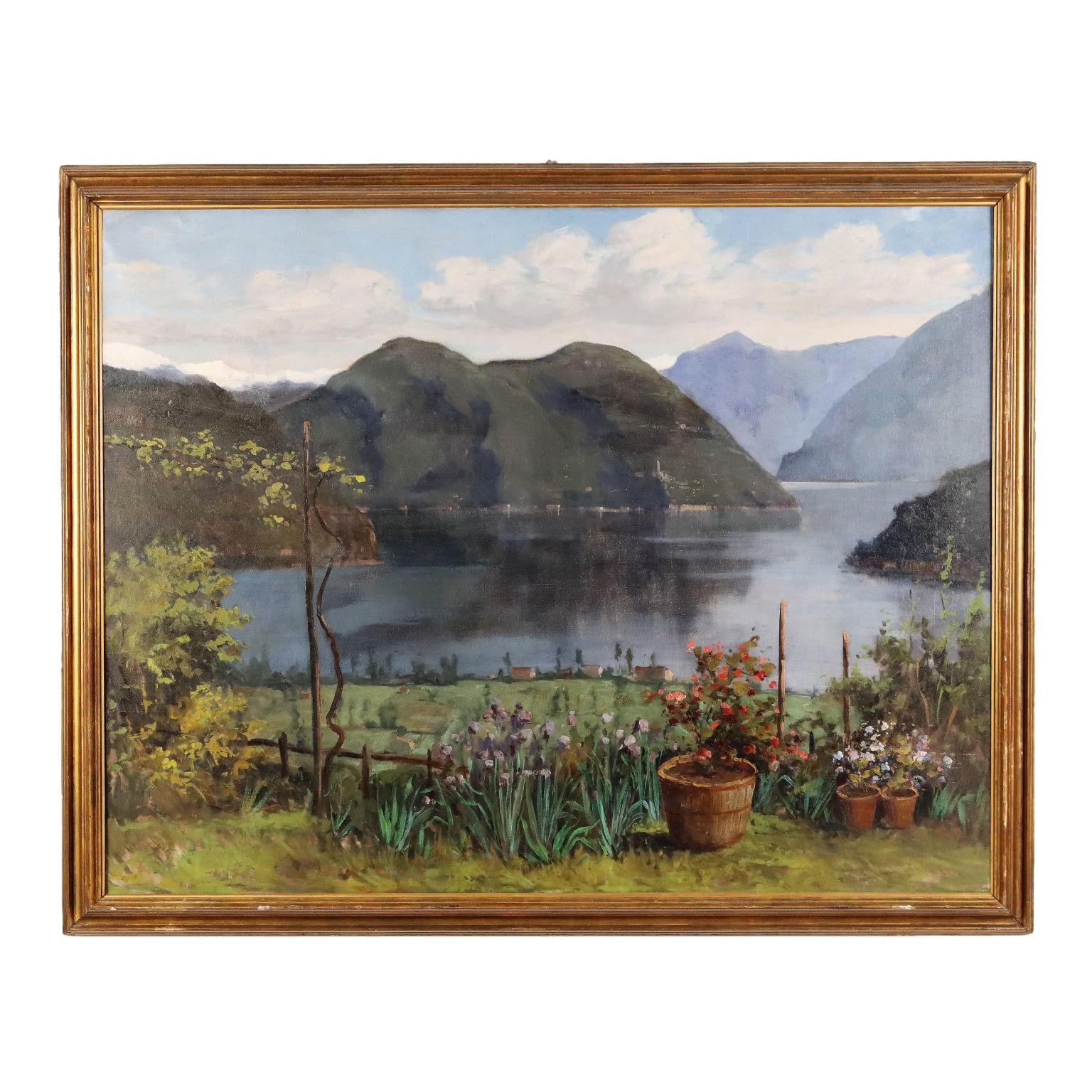 Unknown Landscape Painting - Lake Landscape Oil on Canvas Italy XX Century