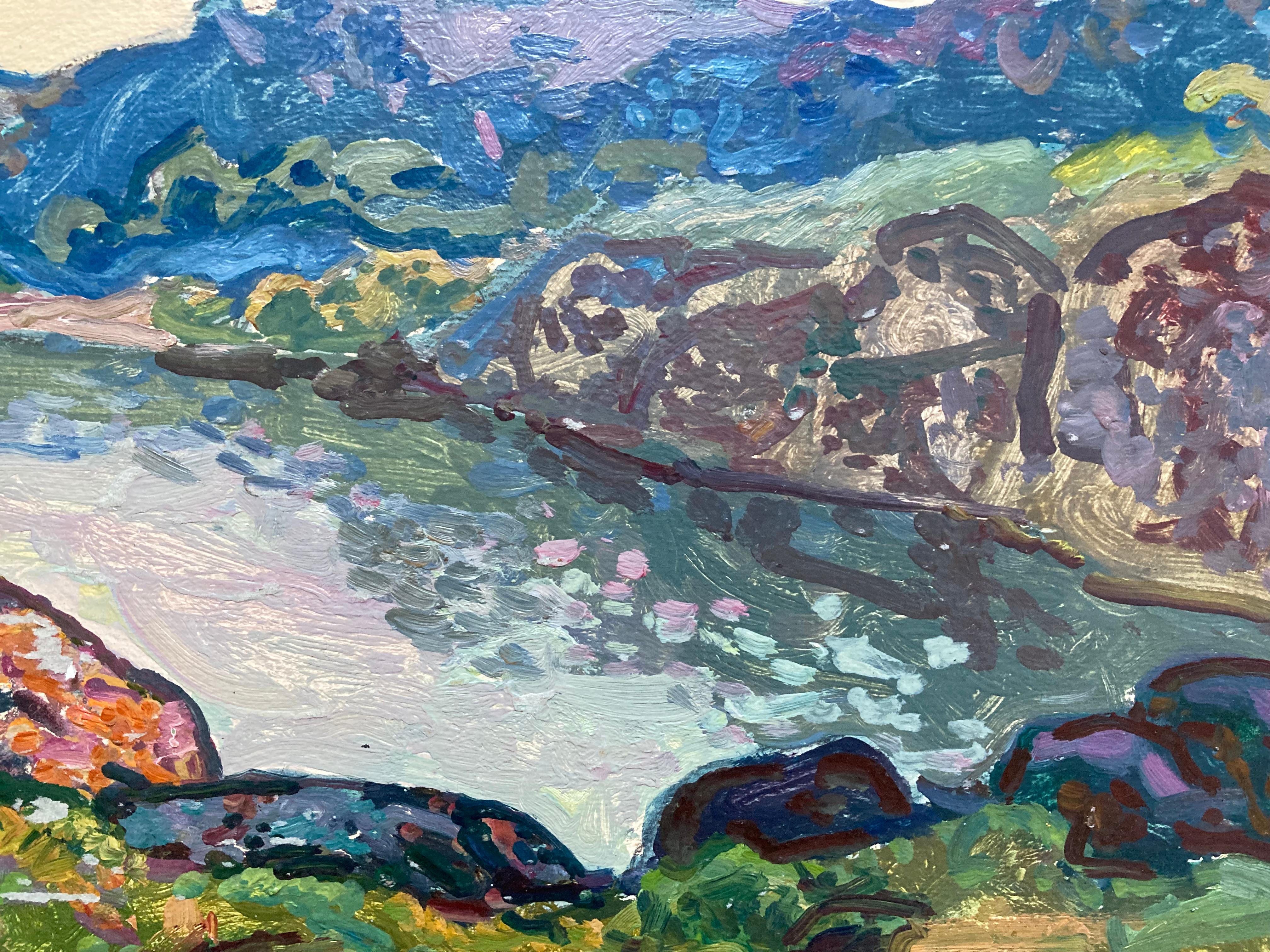 Scène de lac encadrée (peinture de paysage impressionniste de l'Ukraine du milieu du siècle dernier) - Impressionnisme Painting par Unknown