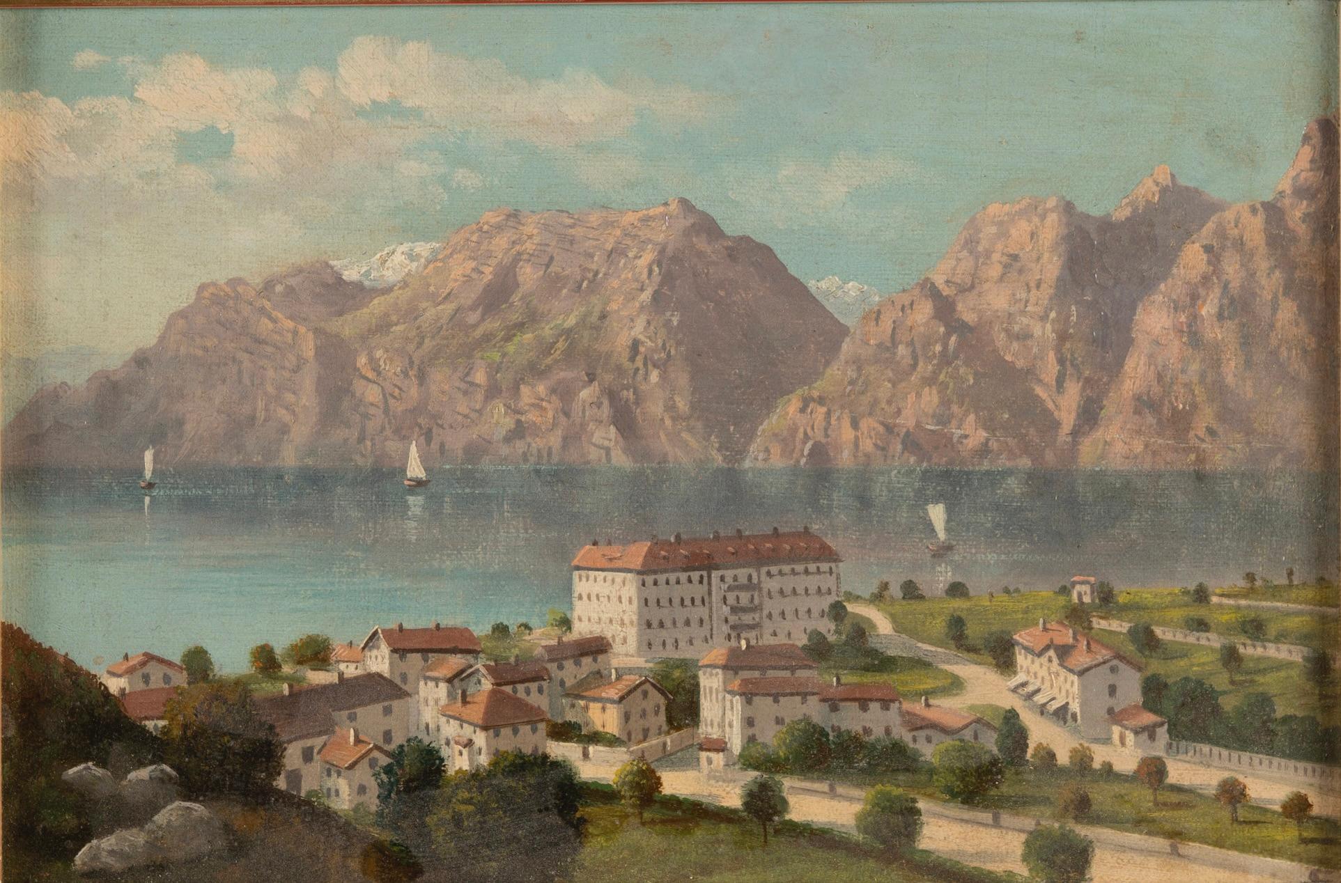 Lake with Sailboats, 19th century Alpine Landscape Painting, Oil on Canvas