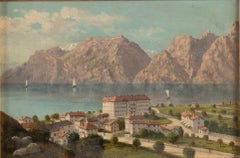 Lake with Sailboats, 19th century Alpine Landscape Painting, Oil on Canvas