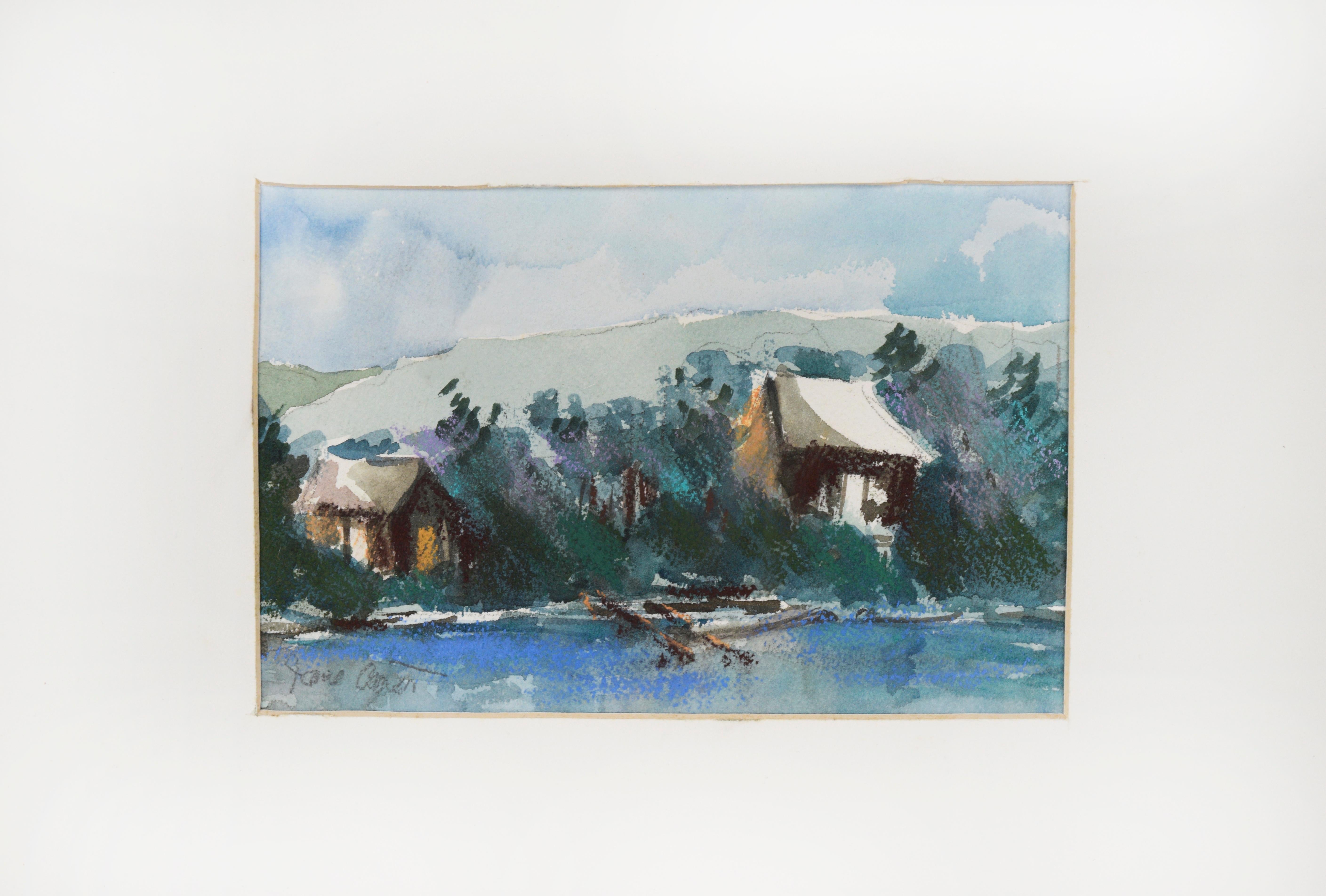 Lakeside Cabin - Pastel and Watercolor on Paper - Painting by Unknown